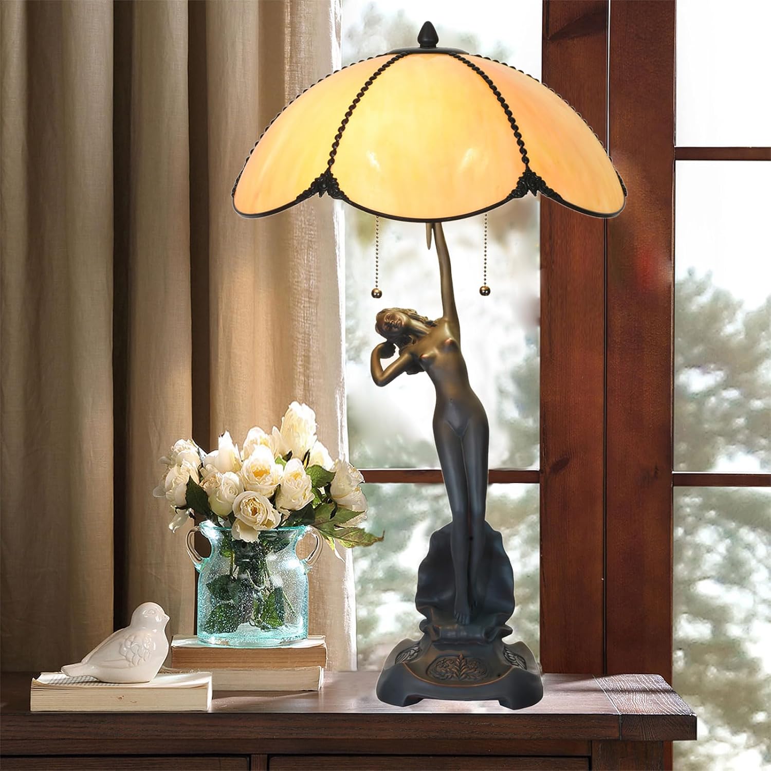 TL0033 Tiffany Style Table Lamp Handmade Stained Glass Umbrella Shade with Lady Sculpture Base W 15.75 X OH 27 Inches, Art Nouveau Lamp for Home Office, LED Bulbs Included