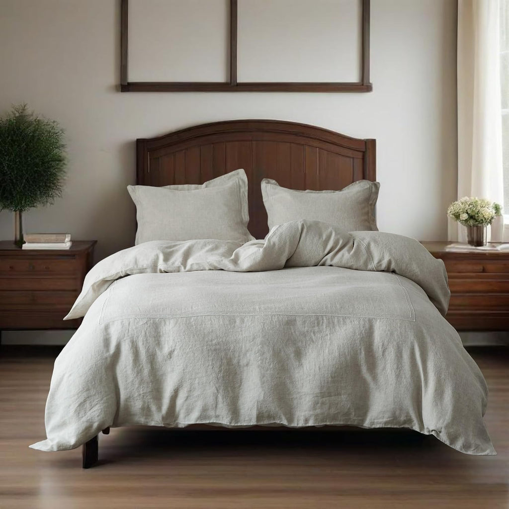 Simple&Opulence 100% Washed Linen Duvet Cover Set 78'x86' - 3 Pieces Soft Farmhouse Comforter Set Double Embroidered with Button Closure - 1 Duvet Cover and 2 Pillowshams (Linen, Full)