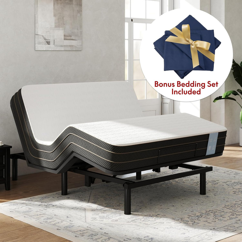 FLEXISPOT Queen Size Adjustable Bed Frame Base with 10 Inch Gel Memory Foam Mattress, Simultaneous Head & Foot Incline, Viscose from Bamboo, Medium Firm, Certi-PUR & Oeko-TEX Certified.