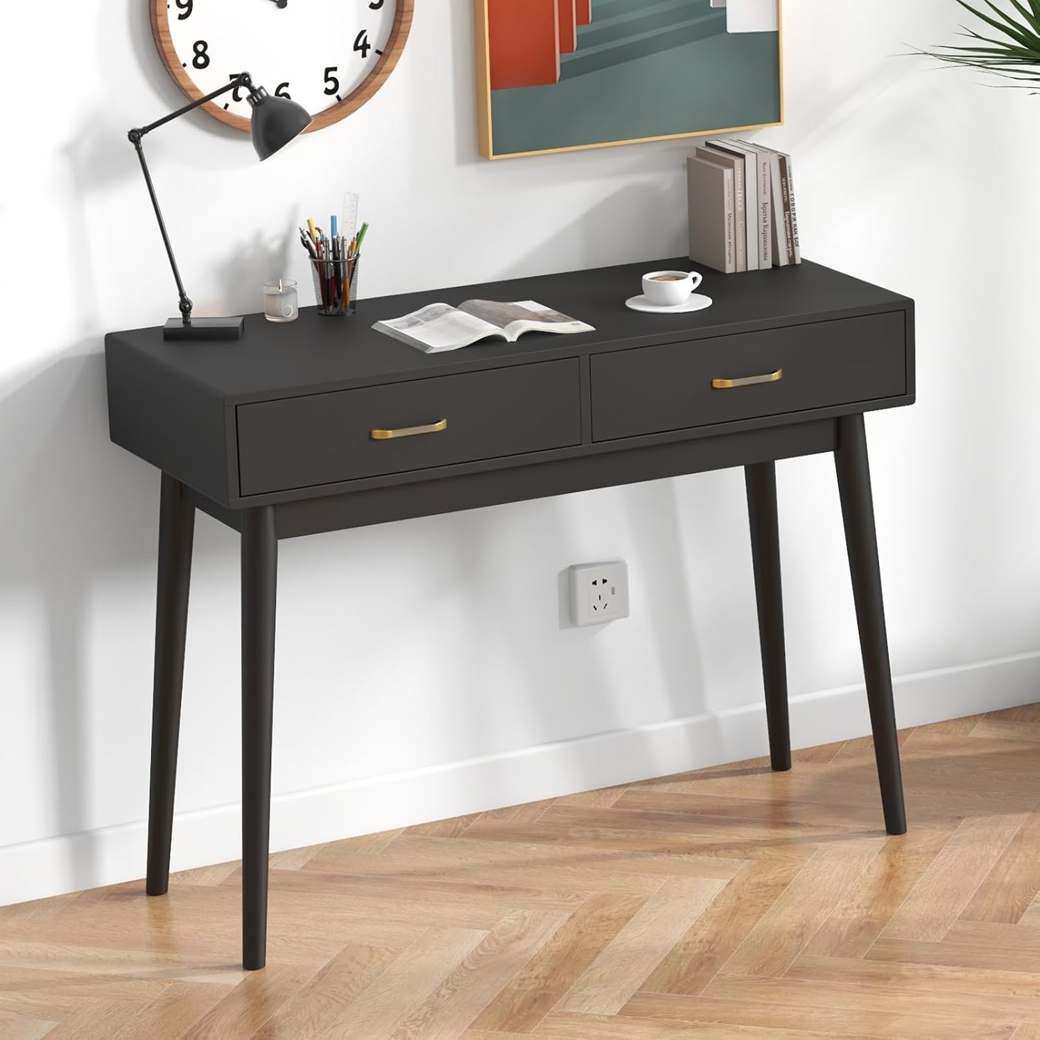 FUNKOCO Small Black Desk with Drawers - 40 Inch Home Office Study Writing Desk for Bedroom, Vanity Desk with 4 Solid Legs, Modern Computer Desk for Small Spaces (Balck)
