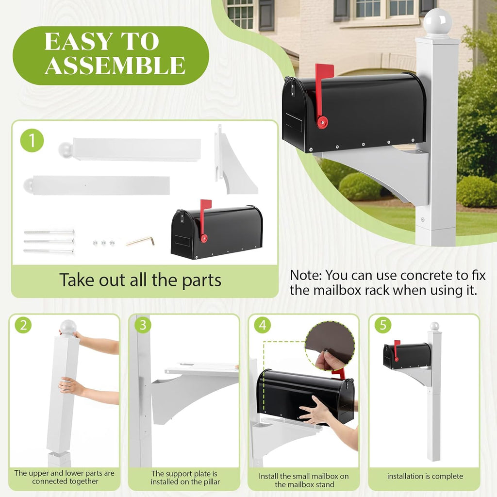 Colingmill White,Black 1 Set Iron Mailbox Posts with Mailbox for Outside Ground Mounting Post 56 Inch Tall Heavy Duty Architectural Stand with 8 Screws for Outdoor Use