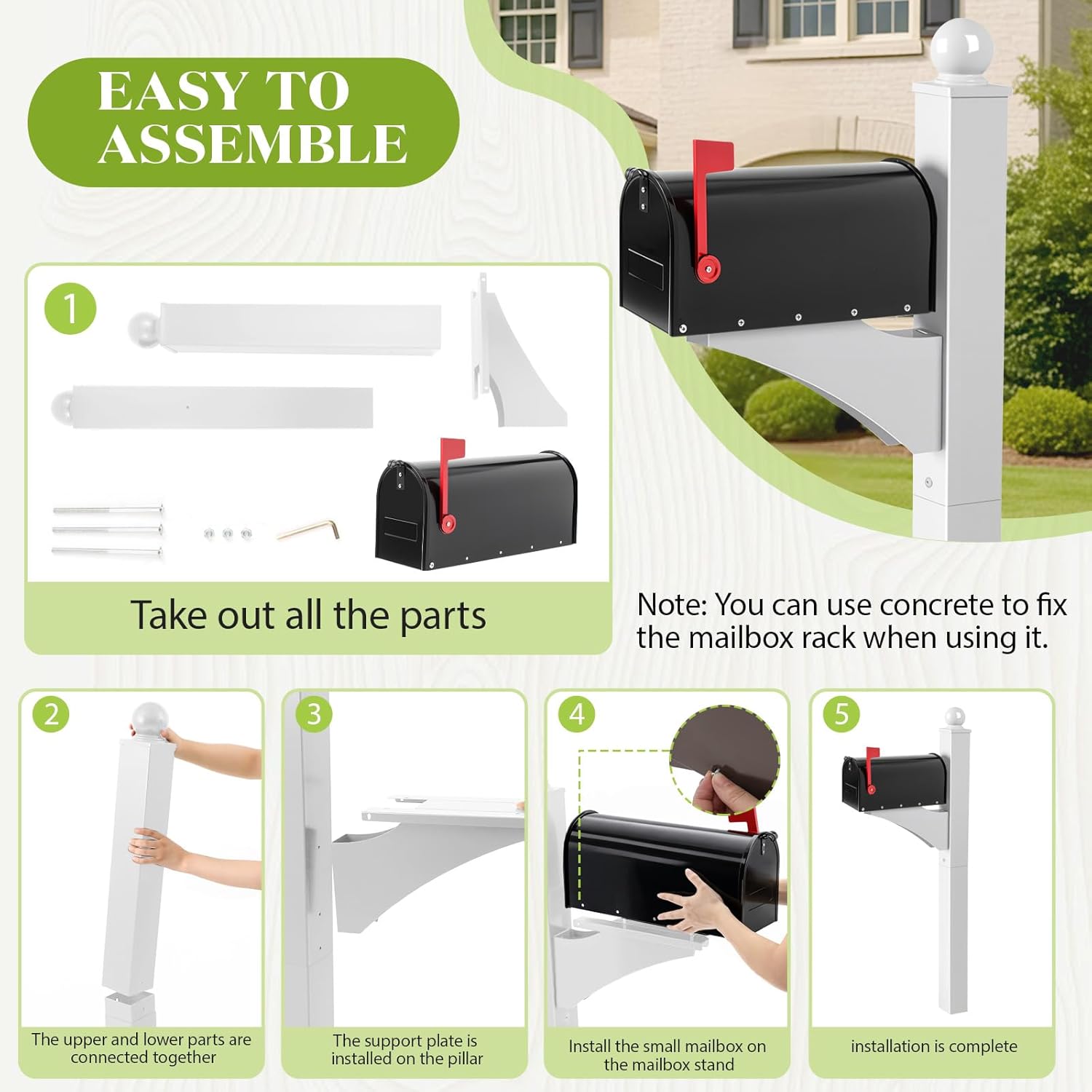 Colingmill White,Black 1 Set Iron Mailbox Posts with Mailbox for Outside Ground Mounting Post 56 Inch Tall Heavy Duty Architectural Stand with 8 Screws for Outdoor Use