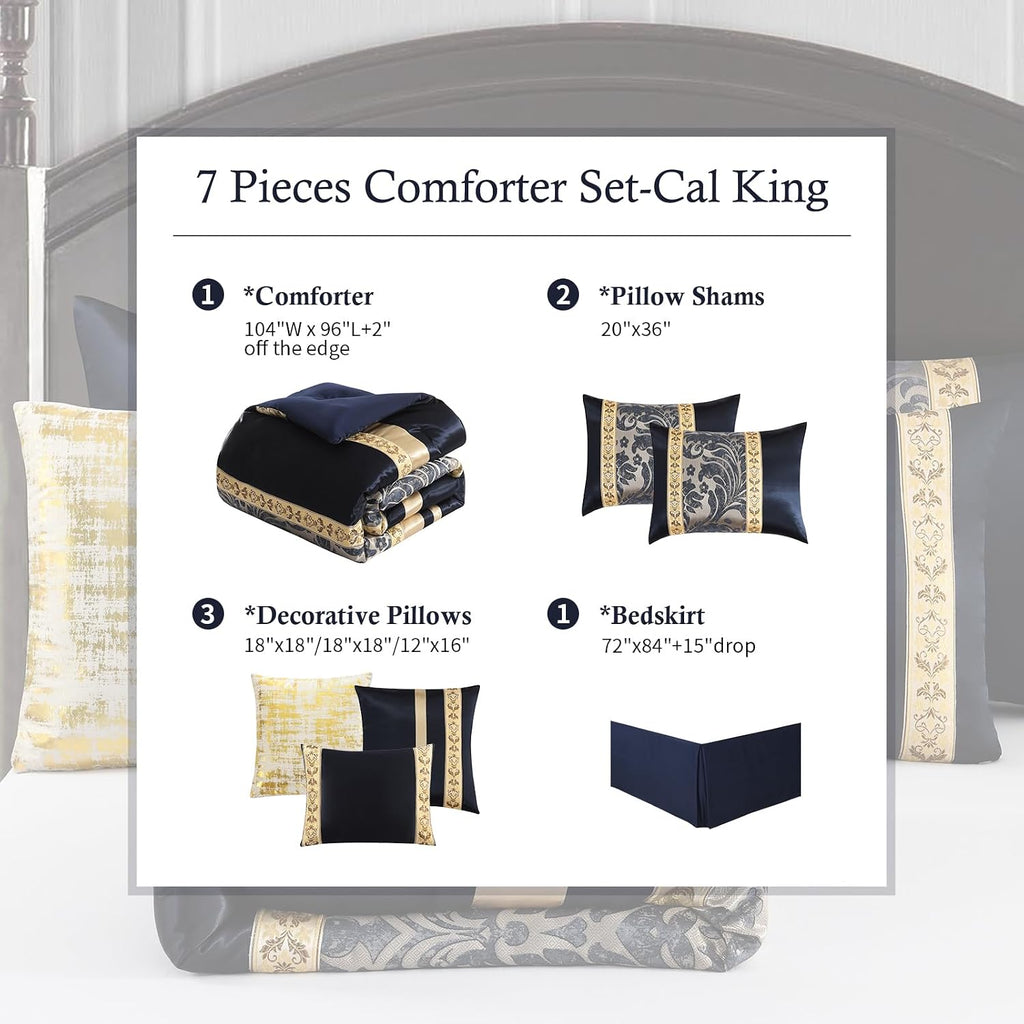 Finlonte Comforter Set California King Size, Navy Blue Gold, 7-Piece Bed in a Bag for All Seasons, Luxury Vintage Floral Jacquard Damask Patchwork, Bedding Sets with Bed Skirt, Shams and Decor Pillows