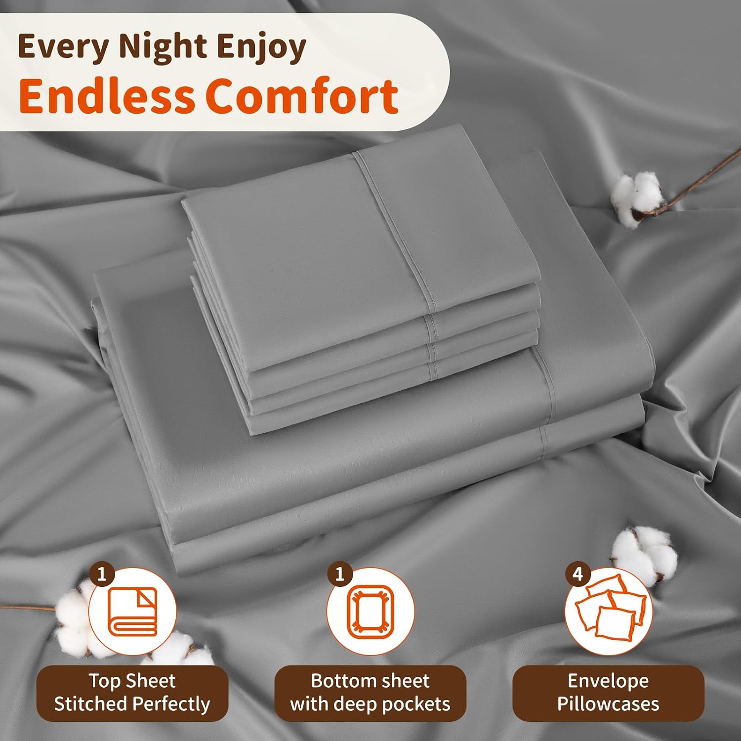 LBRO2M 1000 Thread Count 100% Egyptian Cotton Sheets Set 6 Piece Sets Queen Bed Sheet Deep Pocket Sheet Set 16' Soft Comfortable All Season (Queen, Gray)