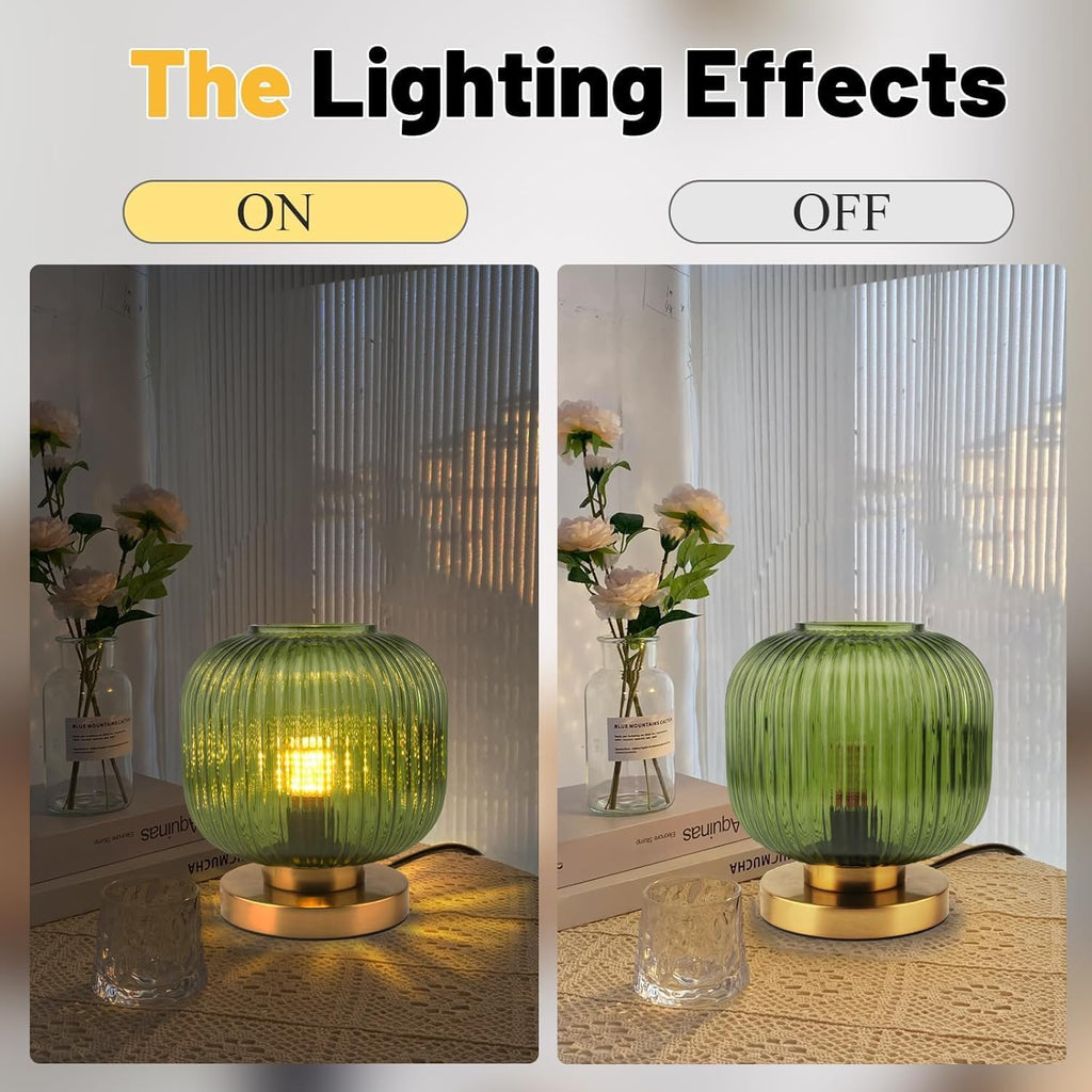 Bedside Table Lamps Set of 2, Mid Century Table Lamp Small Glass Table Lamp Green Glass Nightstand Lamp with Metal Base, Gold Globe Desk Lamp End Table Lamps for Bedroom Living Room Office