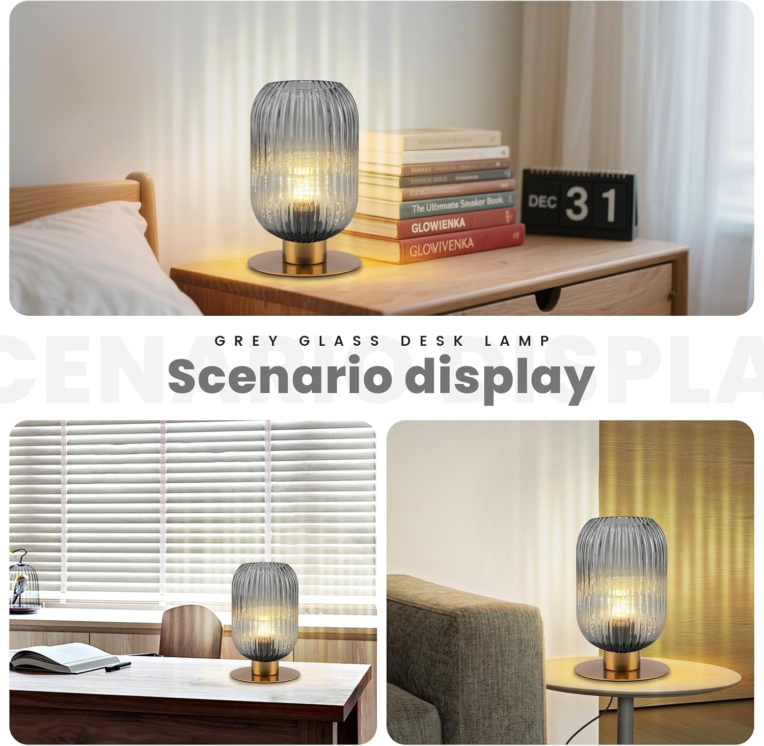 Bedroom Small Lamps Set of 2, Smoke Glass Table Lamp Living Room Side Table Lamp, Mid Century Modern Gray Bedside Lamp with On/Off Switch, Vintage Plug in Gold Lamps for Nightstand