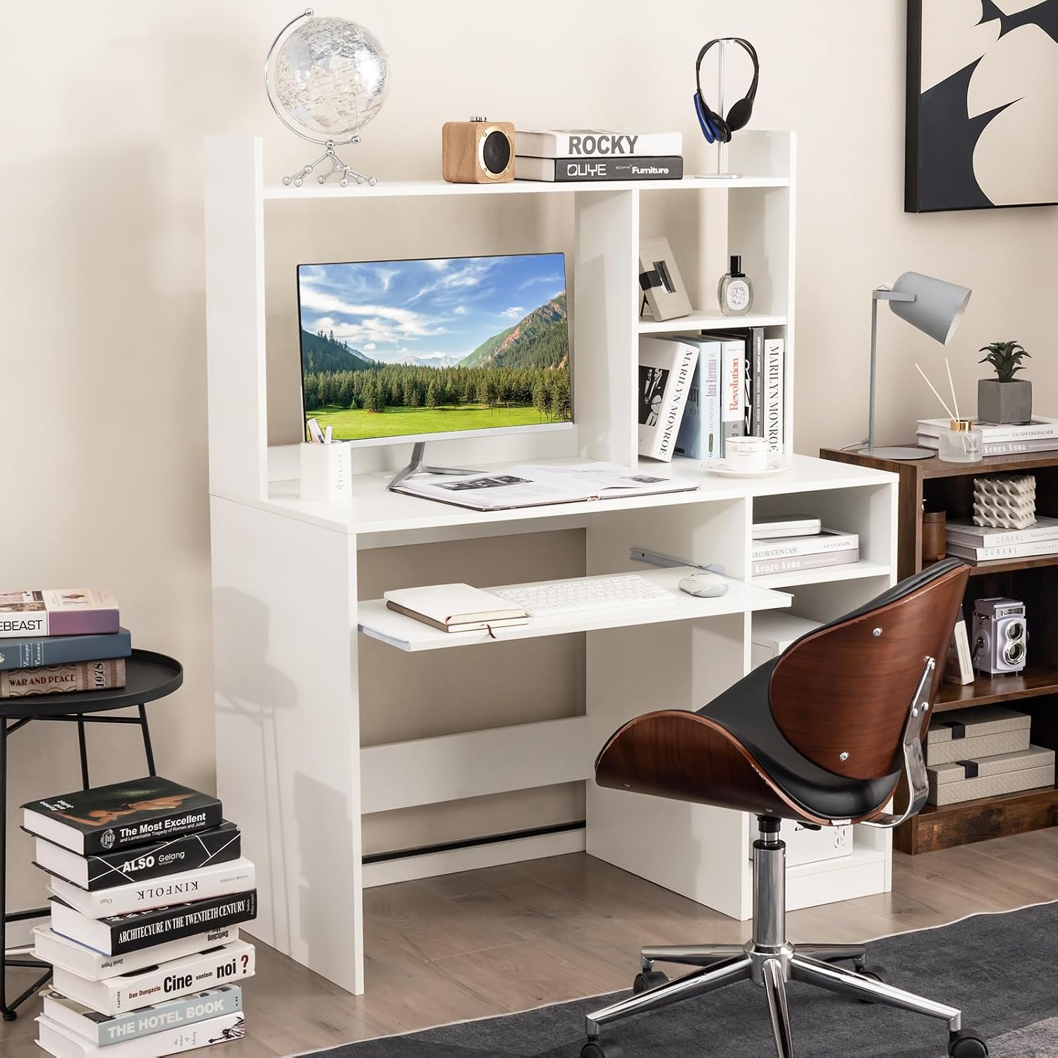 Computer Desk with Power Outlet and Hutch, Home Office Workstation with Bookshelf, Keyboard Tray & CPU Stand, Writing Study Table with Storage for Small Space, Black/White (White)