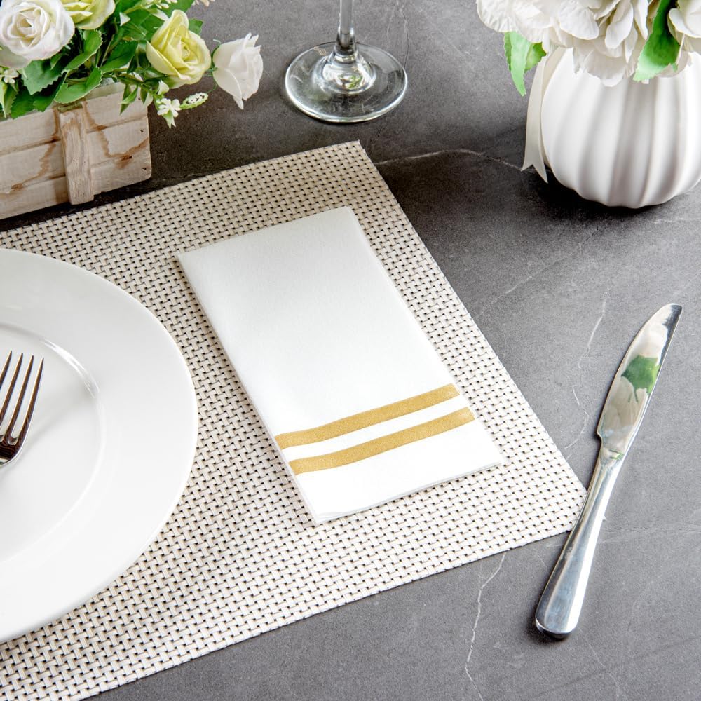 Luxenap 15.8 X 7.9 Inch Linen-Feel Guest Towels, 2000 Gold Striped Hand Towels - ¼ Fold, airlaid, White Paper Dinner Napkins, Disposable, For Restrooms, Kitchens, And Tables - Restaurantware