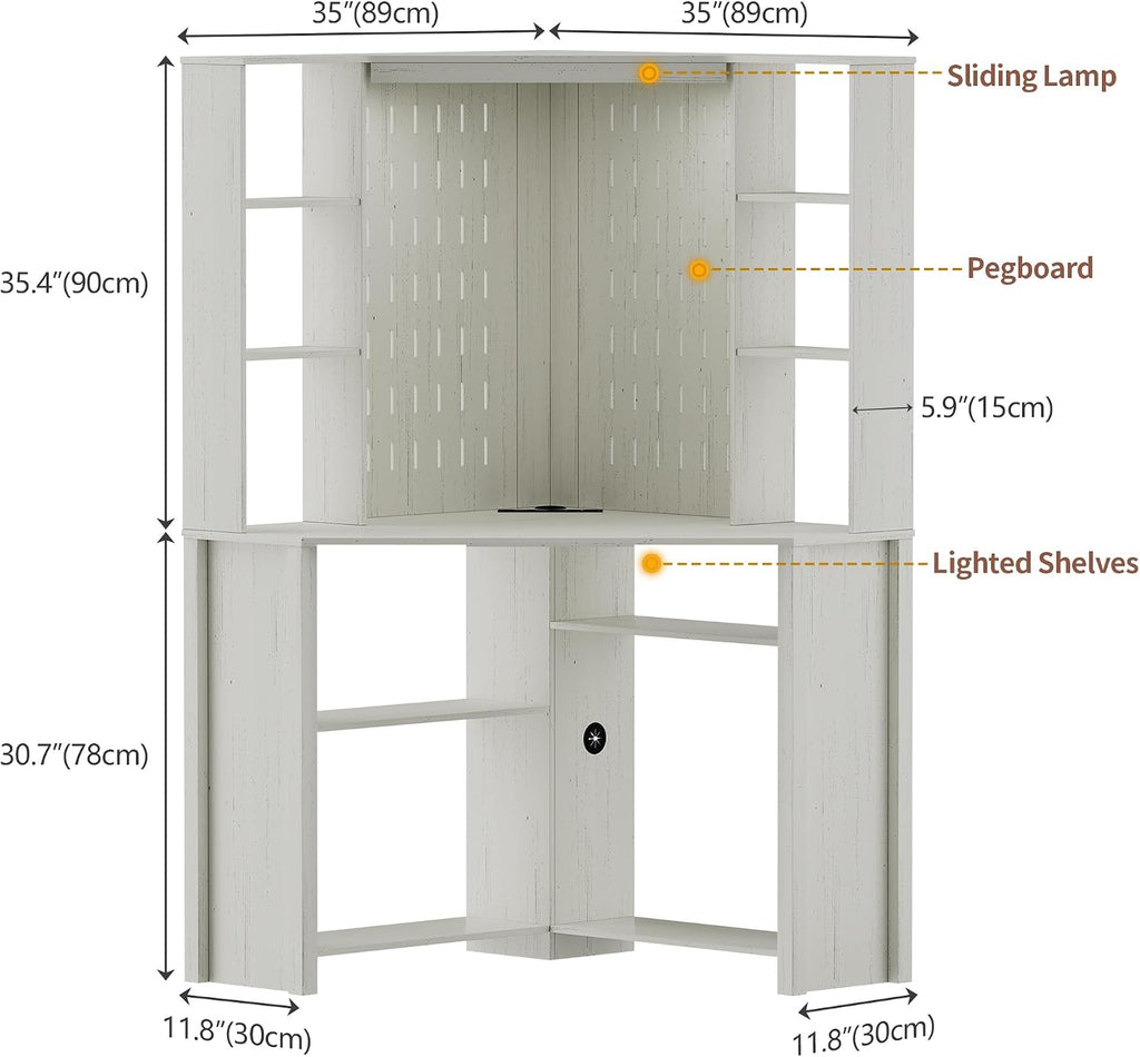HNEBC Home Office Desk with Power Outlet & Chariging Station,L-Shaped Corner Desk with Pull-Out LED Lights,Computer Desk with Hutch & 10 Shelves,Pegboards for Work & Study,White