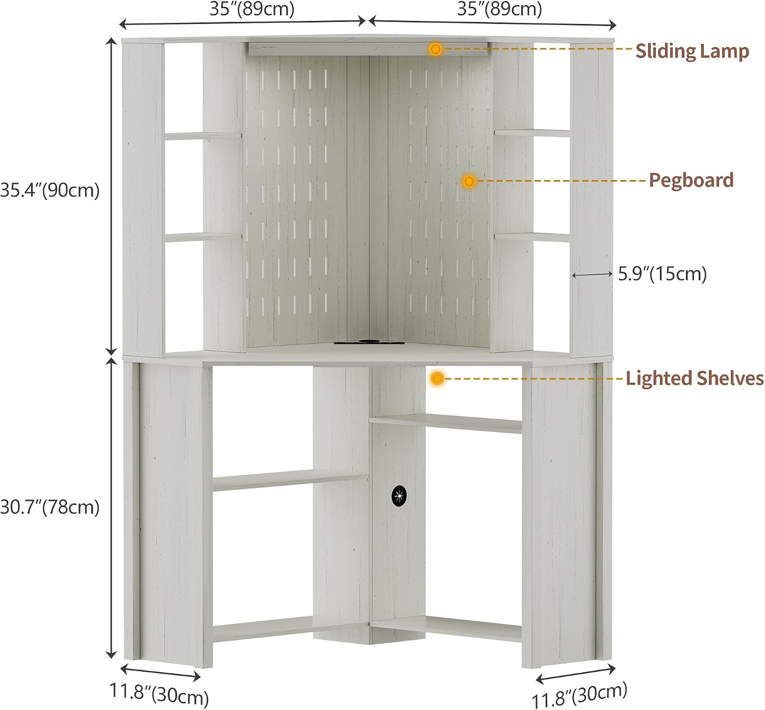 HNEBC Home Office Desk with Power Outlet & Chariging Station,L-Shaped Corner Desk with Pull-Out LED Lights,Computer Desk with Hutch & 10 Shelves,Pegboards for Work & Study,White