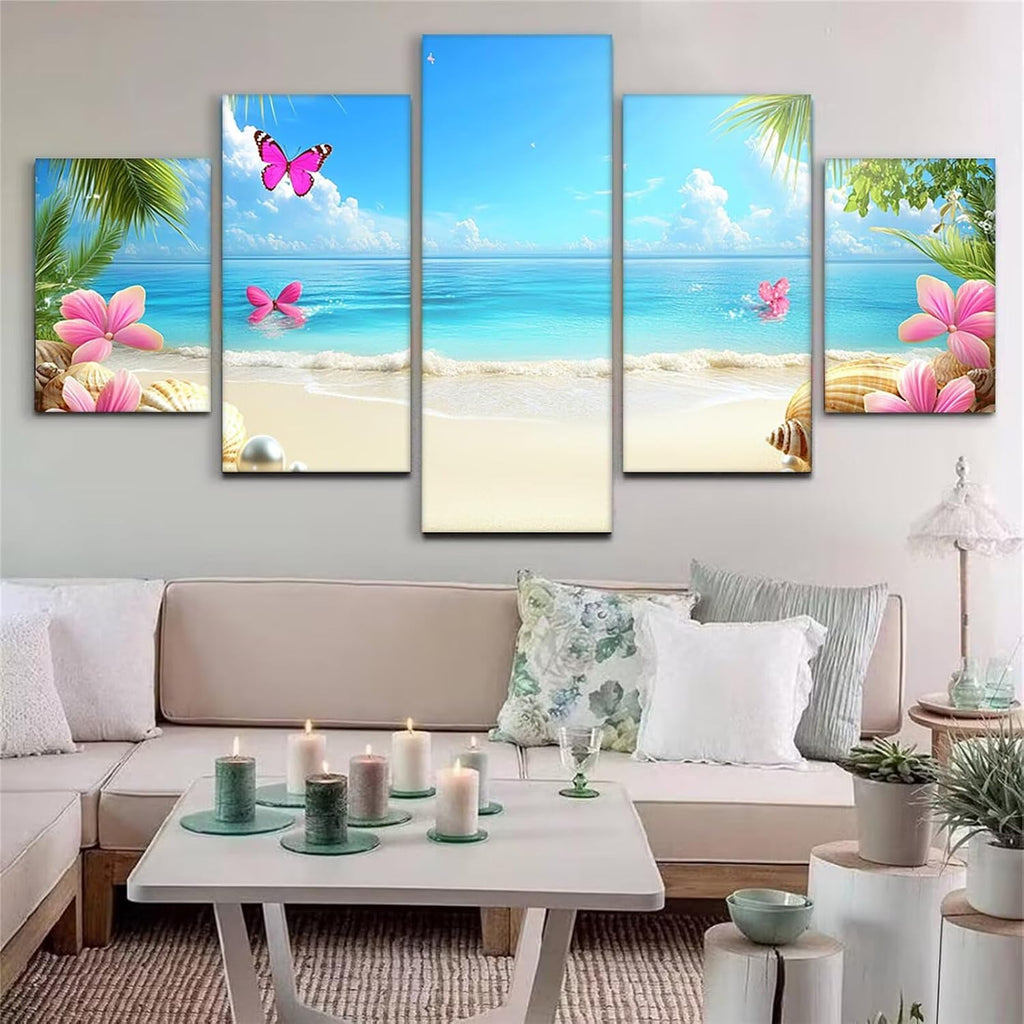 Beach Diamond Art 5 Piece Diamond Painting Landscape 5D DIY Full Square Drill Dimond Art Paintings Crystal Crafts for Adults Gem Painting for Home Decor, Large Artwork for Wall 44 x 90 Inch, Model288