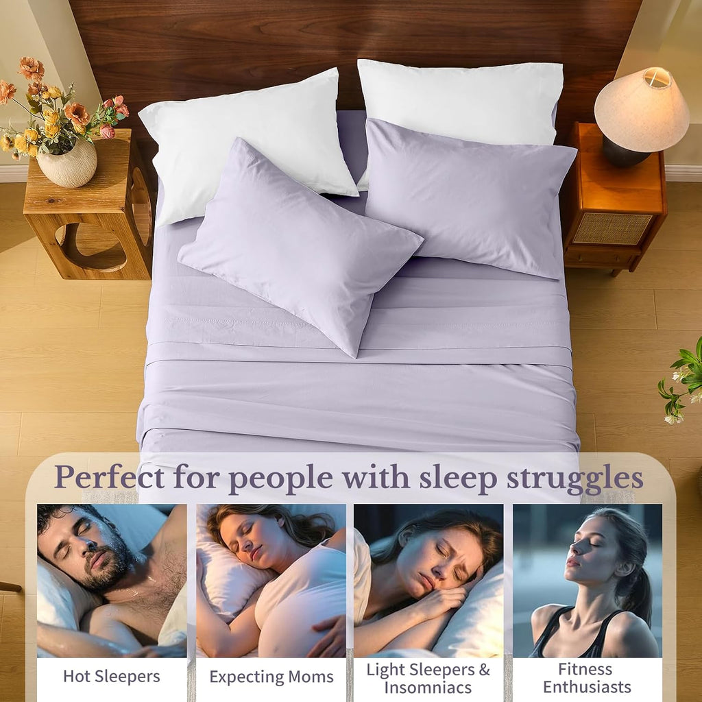 MEISHANG 100% French Pure Linen Sheets King Size - Bed Sheets 4 Piece Sets, Soft Durable Flax Linen, Anti-Tear Breathable Moisture Wicking with 16' Deep Pocket (Light Purple)
