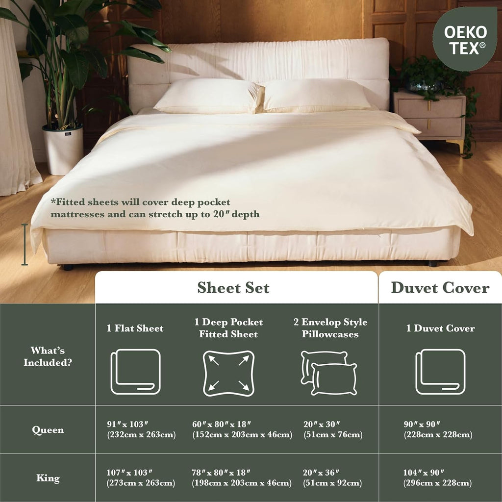 Luxury Bamboo Viscose Duvet Cover | 100% Pure Bamboo Viscose, Soft, Breathable and Cooling for Hot Sleeper | Piped Edge, Hidden Zipper Closure, 8 Corner Ties and Button Closure (Cream, Queen Size)