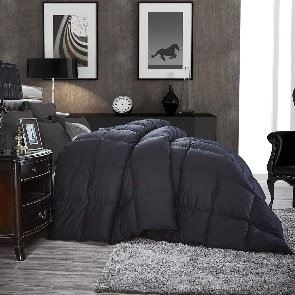 Luxurious Queen Size Goose Down Feather Fiber Comforter Duvet Insert, 100% Egyptian Cotton Cover, 60 oz. Fill Weight Comforter (Queen, Black Solid)