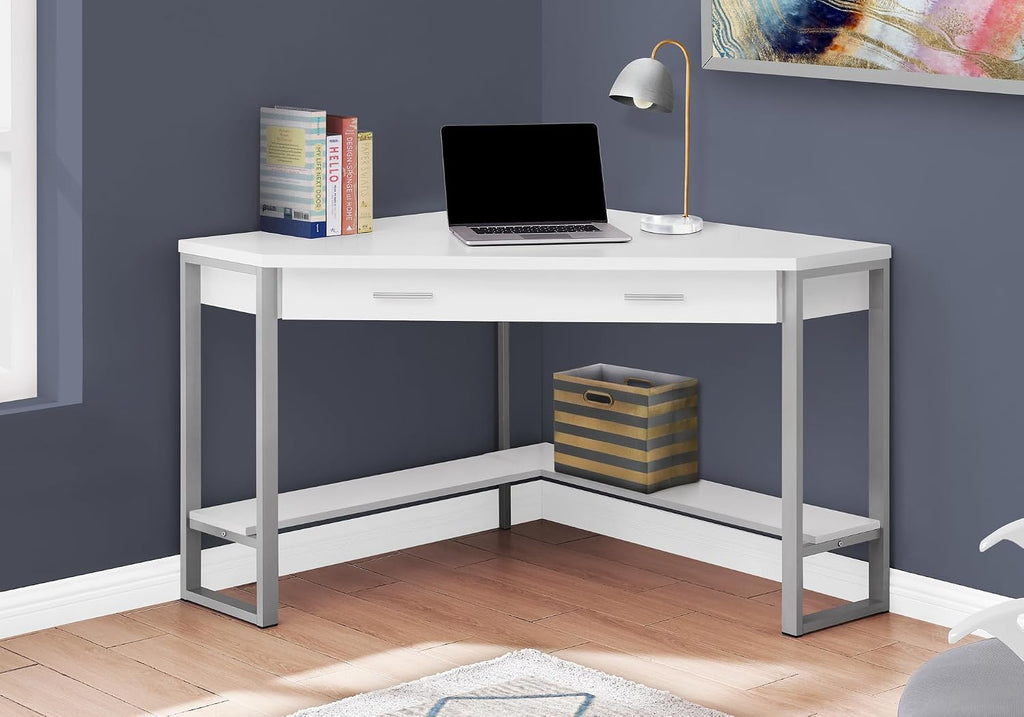 Pemberly Row Corner Computer Desk, 42 in, Particle Board and Metal, White and Silver Finish, 1 Drawer, Bottom Shelf, Contemporary Home Office Workstation for Small Spaces