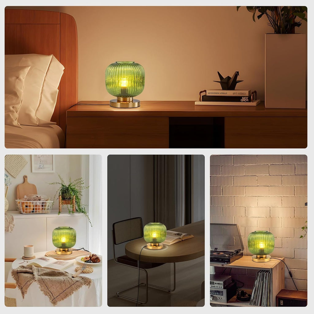 Bedside Table Lamps Set of 2, Mid Century Table Lamp Small Glass Table Lamp Green Glass Nightstand Lamp with Metal Base, Gold Globe Desk Lamp End Table Lamps for Bedroom Living Room Office