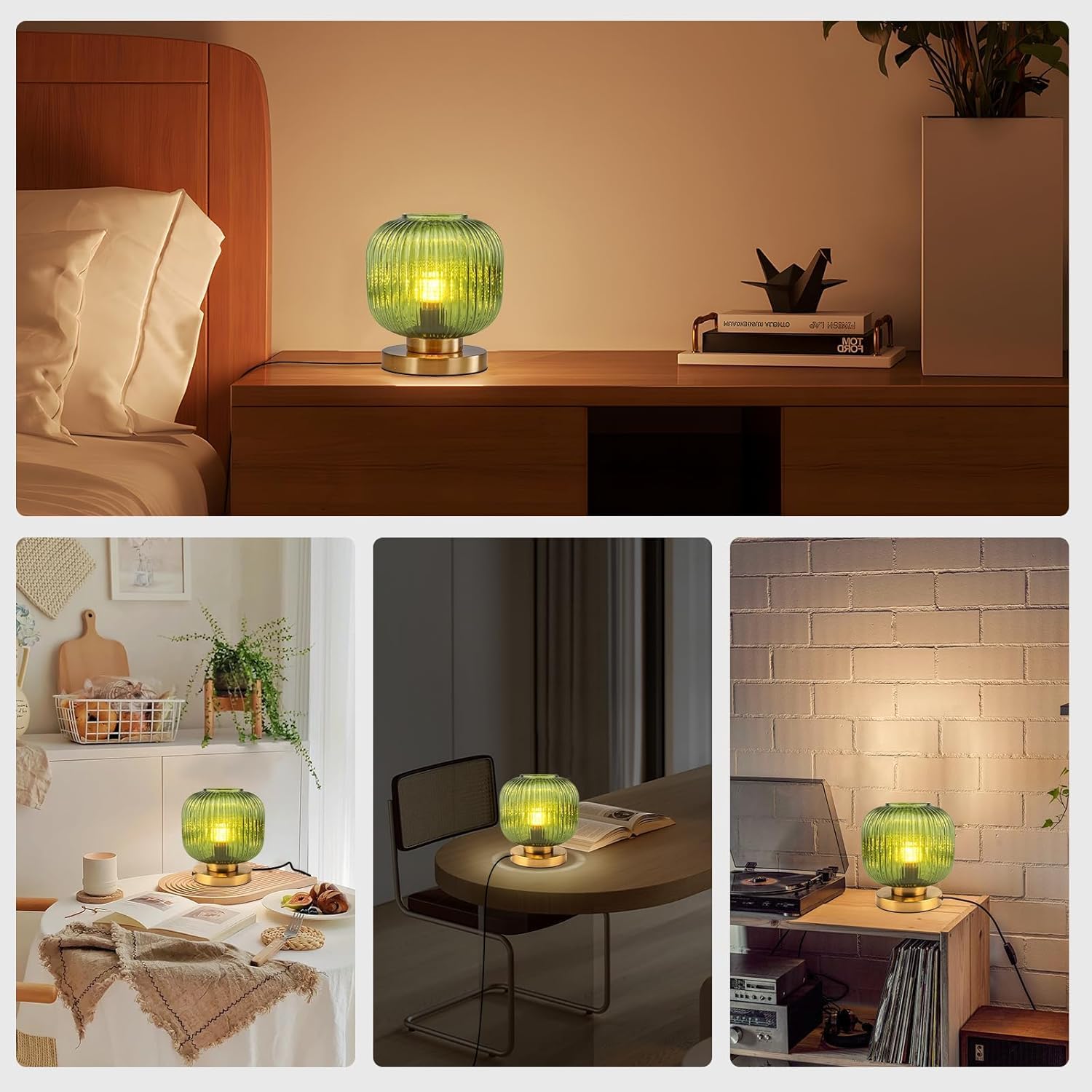 Bedside Table Lamps Set of 2, Mid Century Table Lamp Small Glass Table Lamp Green Glass Nightstand Lamp with Metal Base, Gold Globe Desk Lamp End Table Lamps for Bedroom Living Room Office