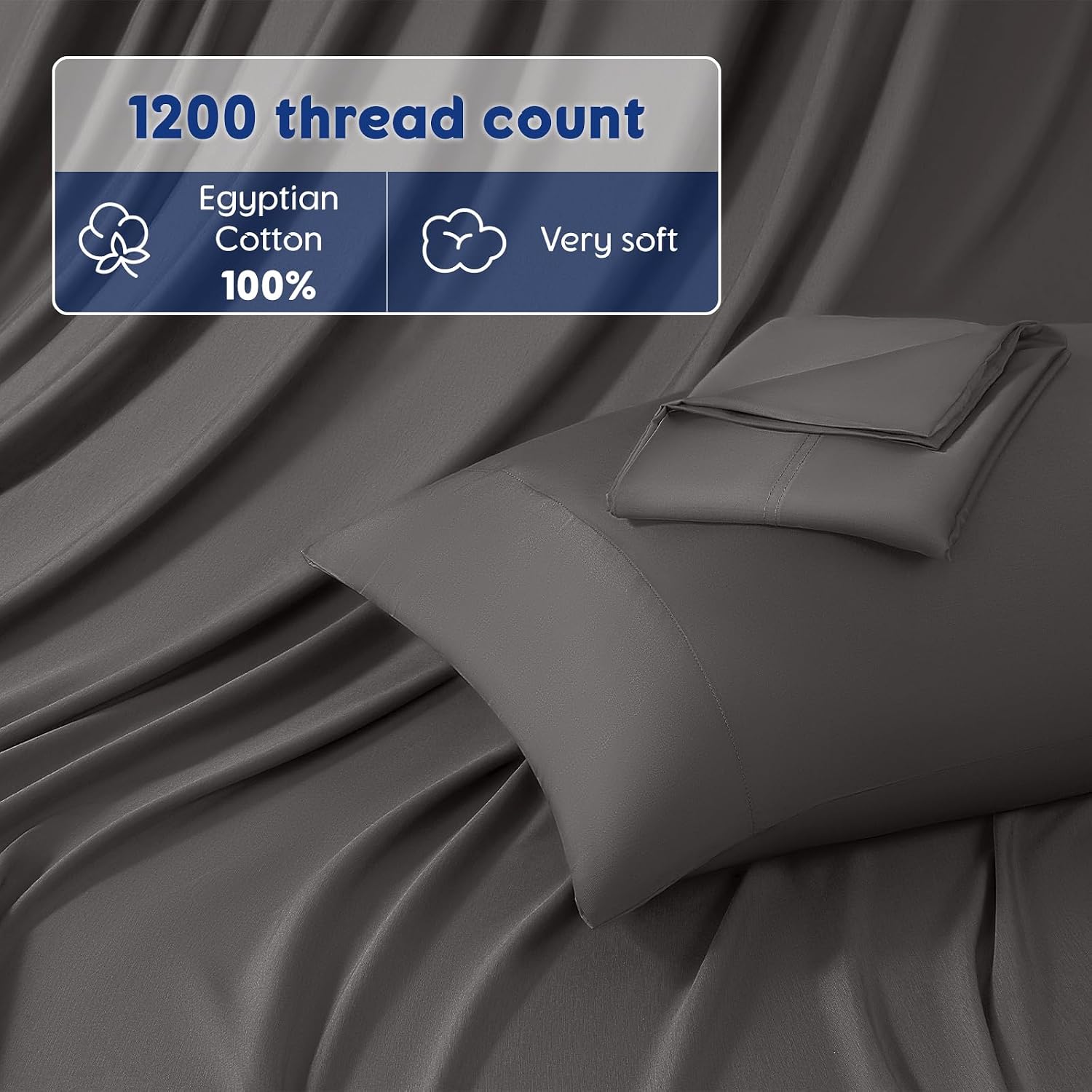 SONORO KATE 100% Egyptian Cotton Sheets - 1200 Thread Count, Luxury & Cooling Hotel Cotton Bed Sheets Set 4 Piece, Sateen Weave for Soft Feel, Fits Upto 16' Mattress (Dark Grey, Full)