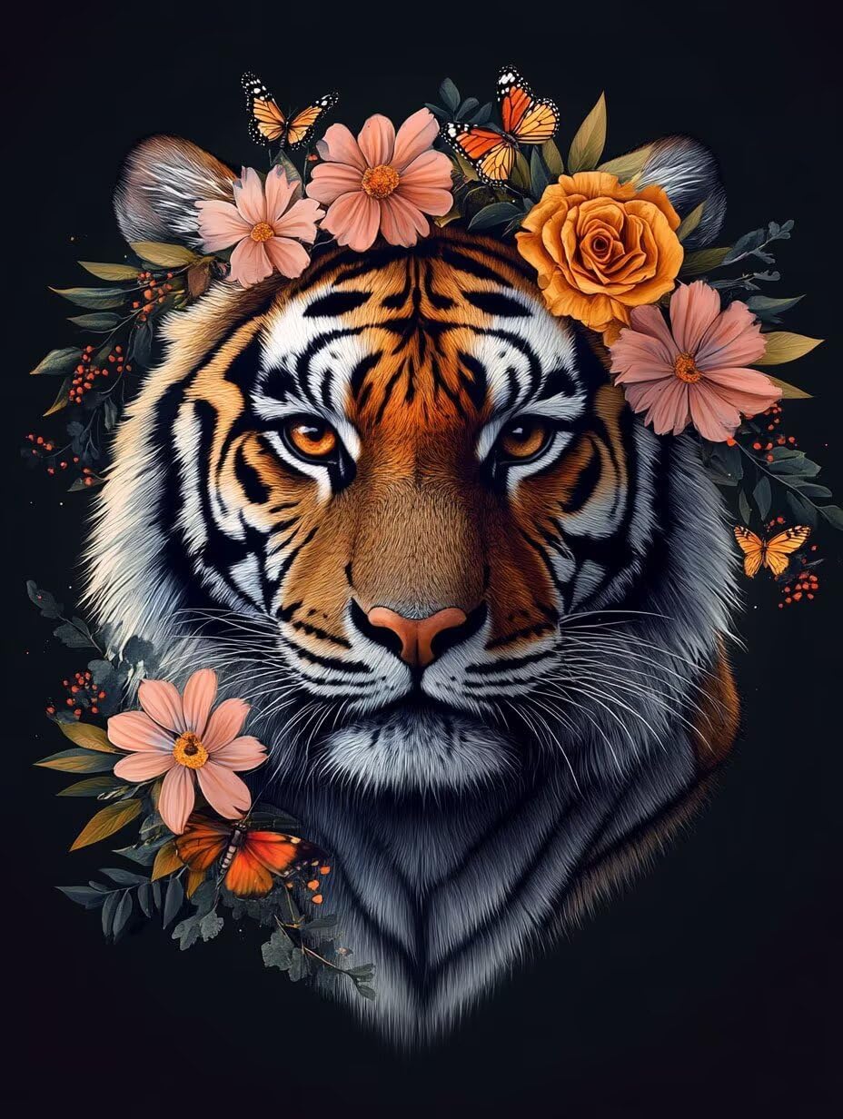Flower Dimond Painting Tiger Diamond Art Kits for Adults Beginners DIY 5D Round Full Dirll Crystal Gem Art Embroidery Paintings Crafts Picture, Home Wall Decor Gifts, Hobbies for women 36x48in u7-222