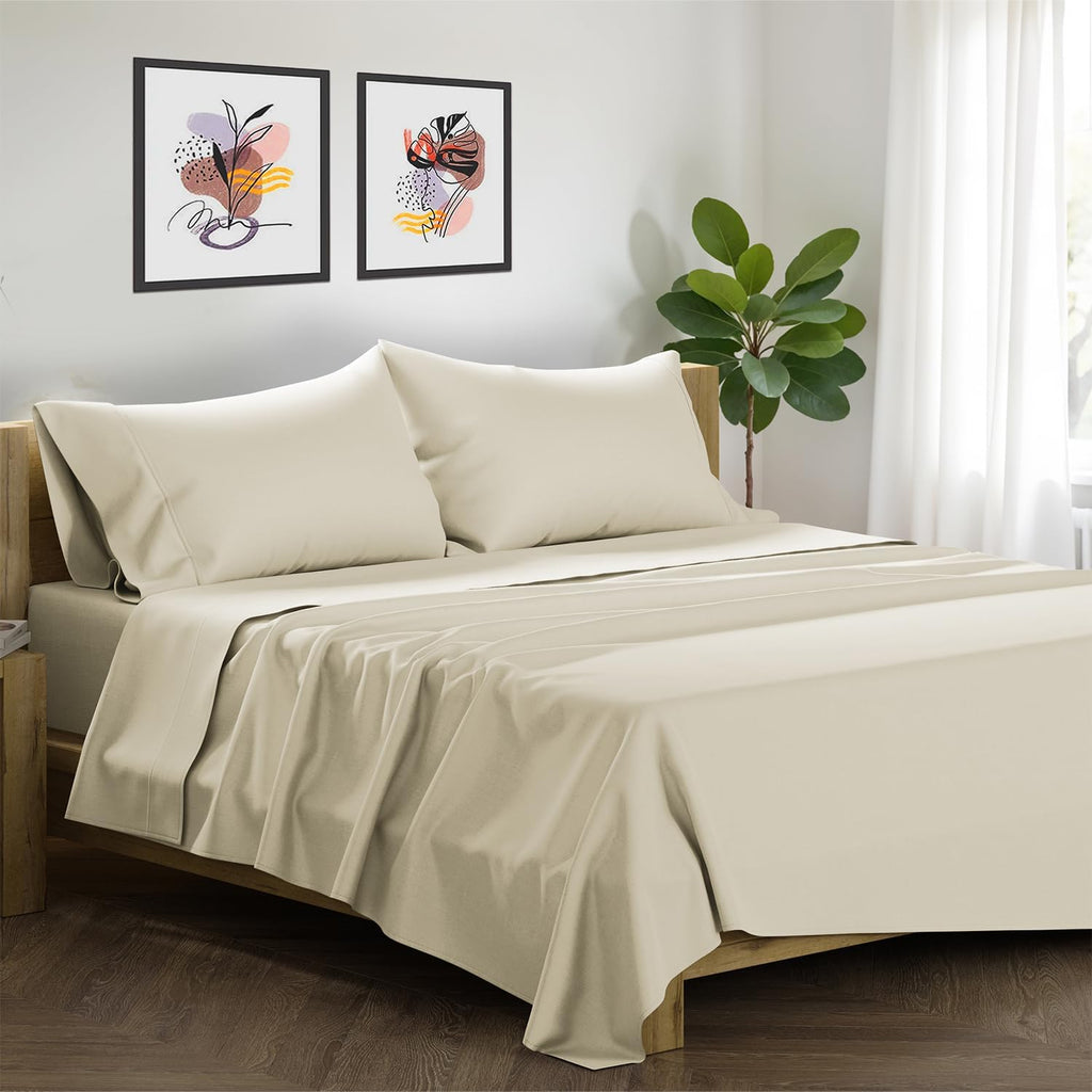 XOOX Linen 100% Egyptian Cotton Sheets Queen Size Bed Set - Luxury 1500 High Thread Count Egyptian Cotton Queen Sheet Set (4 PC, Ivory), 17' Deep Pocket, Silky Soft, Cooling, Sateen Weave Bedding