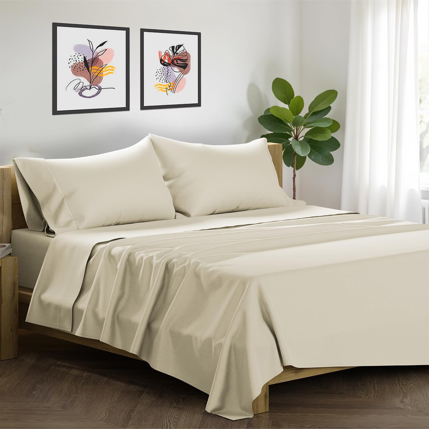 XOOX Linen 100% Egyptian Cotton Sheets Queen Size Bed Set - Luxury 1500 High Thread Count Egyptian Cotton Queen Sheet Set (4 PC, Ivory), 17' Deep Pocket, Silky Soft, Cooling, Sateen Weave Bedding