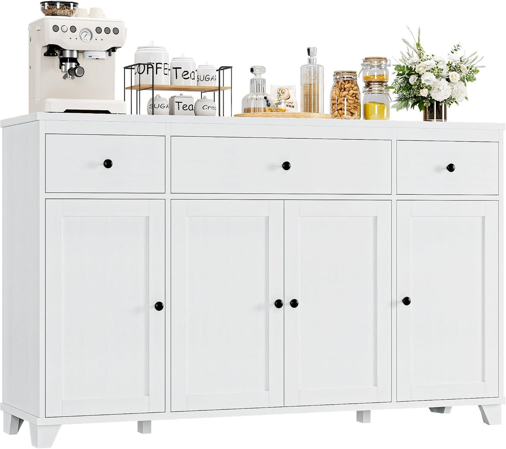 HIFIT 55' Large Kitchen Buffet Cabinet with Storage Drawers, Modern Sideboard Buffet Table Storage Cabinet with Doors and Shelves, Wood Coffee Bar Cabinet for Kitchen Dining Living Room, White