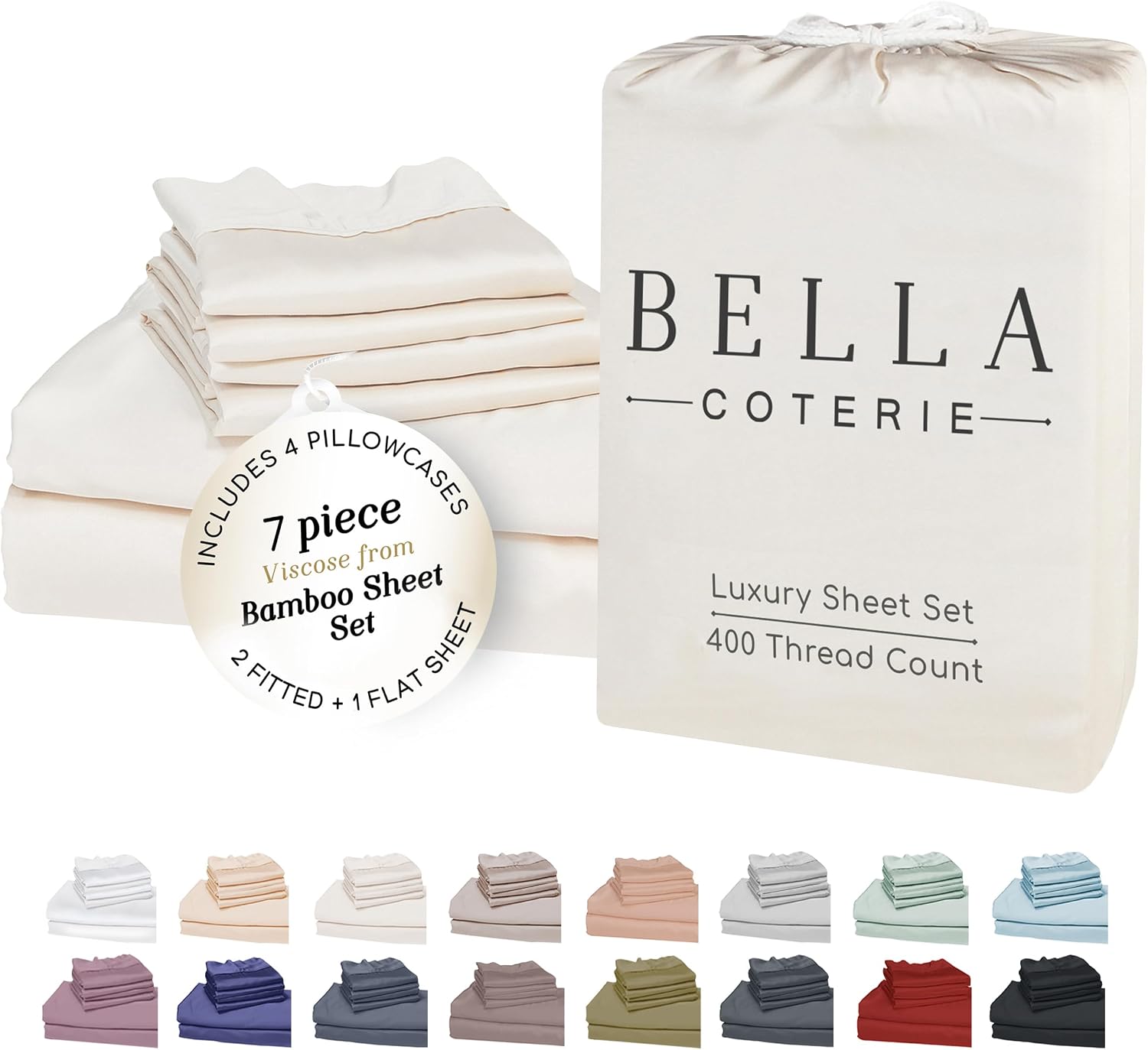 Bella Coterie 7 Piece Luxury Bamboo Viscose Split King Size Sheet Set | 2 Fitted Sheets for Adjustable Beds | 100% Organically Grown | Cooling for Hot Sleepers | 4 Pillowcases [Ivory]