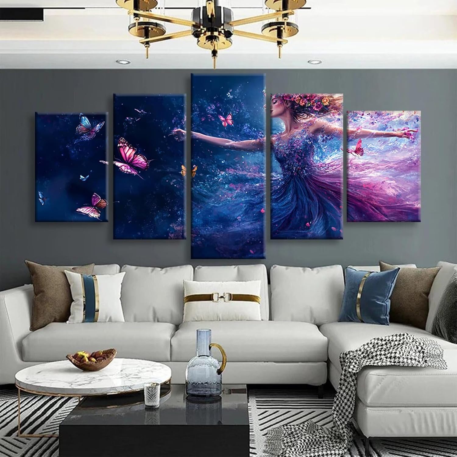 Woman Diamond Art 5 Piece Diamond Painting Butterfly 5D DIY Full Round Drill Dimond Art Paintings Rhinestones Crafts for Adults Gem Painting for Home Decor Large Artwork for Wall 36 x 70 Inch,Model369