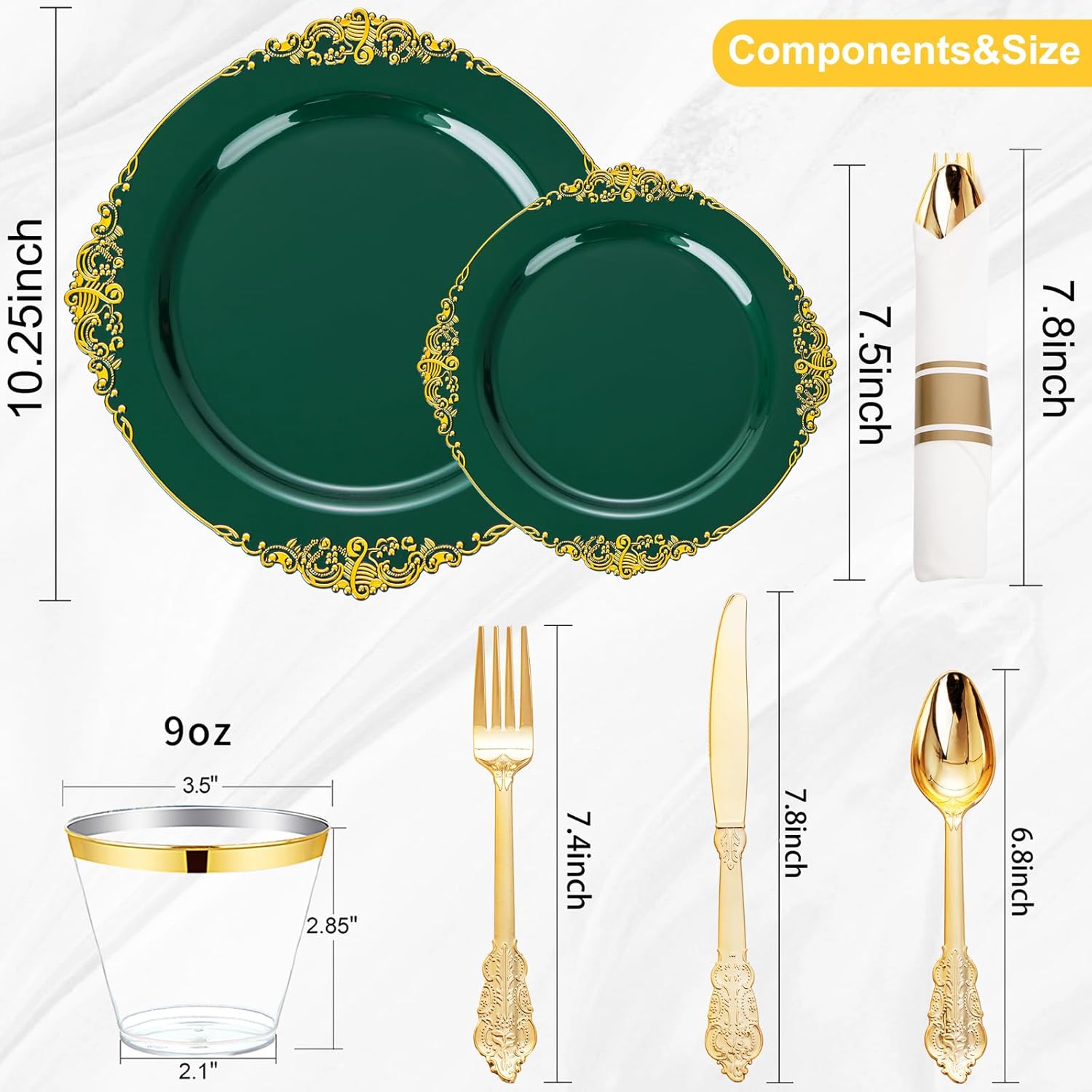 Nervure 175PCS Green Plastic Plates - Disposable Green Gold Party Plates & Pre Rolled Napkins with Cutlery for 25 Guests, 50Plates, 75Silverware, 25Cups, 25Napkin for Wedding & Party (Pack of 2)