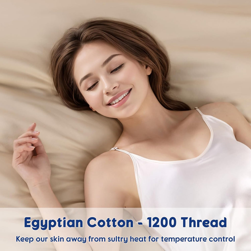 SONORO KATE 100% Egyptian Cotton Sheets - 1200 Thread Count, Luxury & Cooling Hotel Cotton Bed Sheets Set 4 Piece, Sateen Weave for Soft Feel, Fits Upto 16' Mattress (Beige, King)