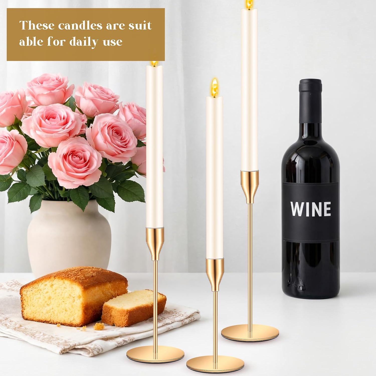 FillTouch 60 Pcs Gold Candlestick Holders with LED Flameless Candles Bulk Includes 30 Metal Candle Holders and 30 Battery Operated Candles for Wedding Table Centerpieces Home Decor (Ivory)