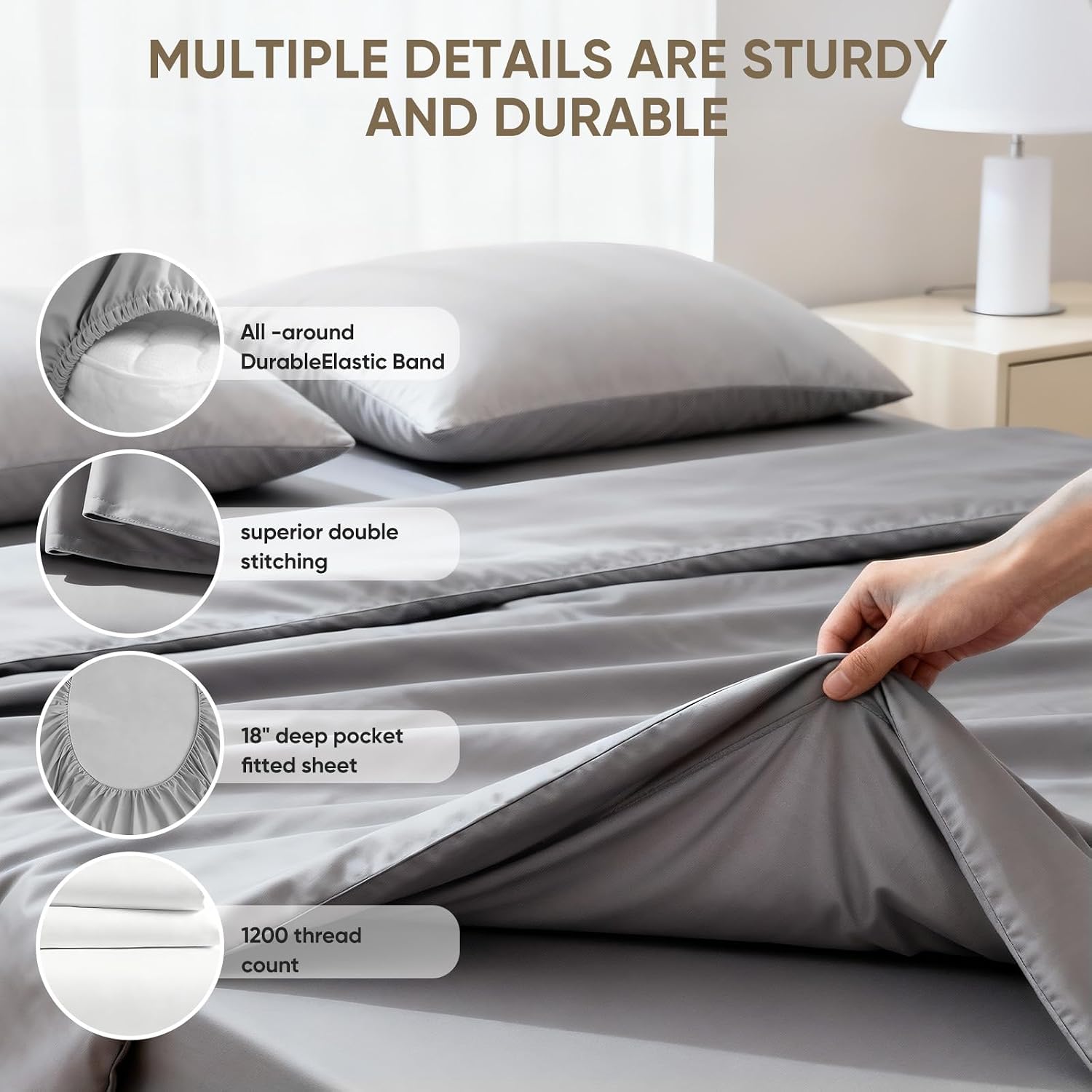TWK 1200 Thread Count Egyptian Cotton 100% Bed Sheet Set, Solid Thickness, Long-Lasting Durable Construction, Resists Pilling, 18' Deep Pocket Capacity
