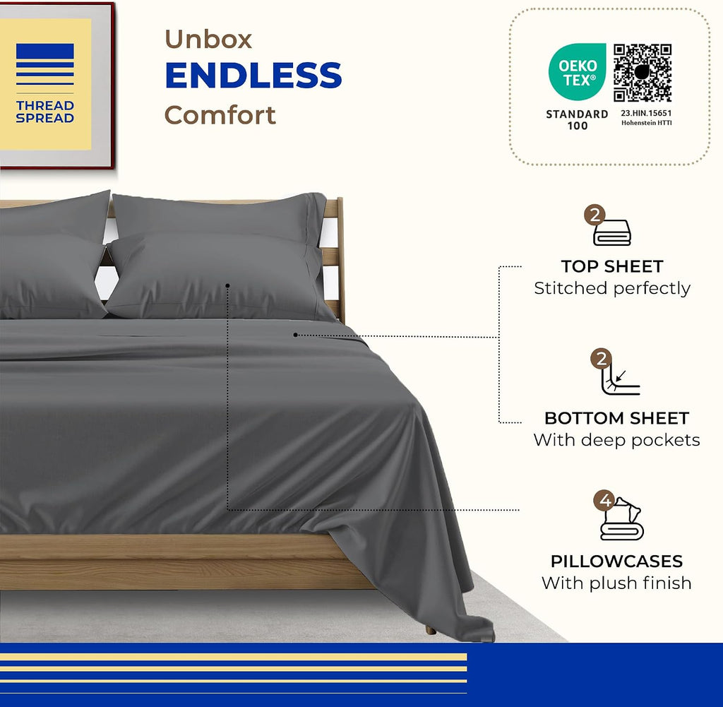 THREAD SPREAD Queen Sheet Set, Luxury 1000 Series Paradise Collection 100% Egyptian Cotton Bed Sheets Queen Size (Pack of 2, Dark Grey), Silky Soft, Cooling, 16' Deep Pocket Hotel Sheet Set
