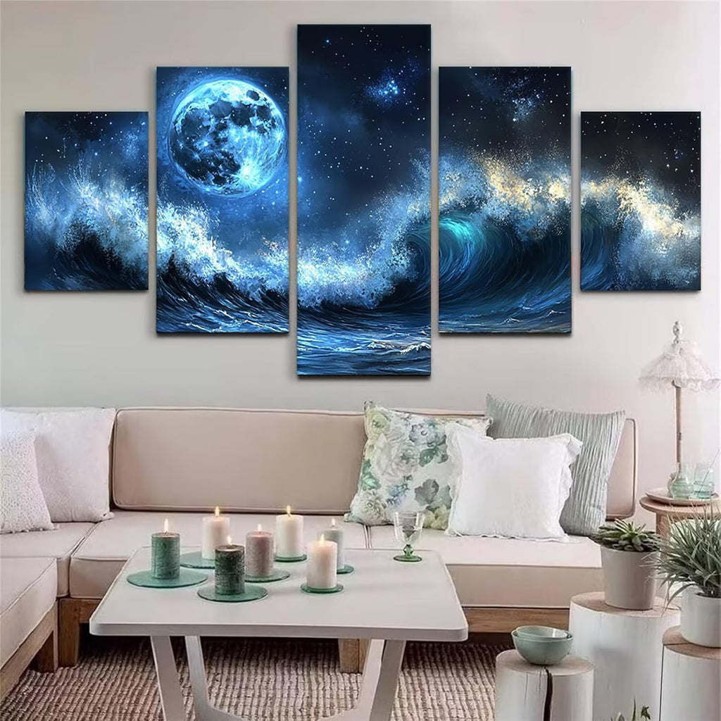 Starry Sky Diamond Art 5 Piece Diamond Painting Waves 5D DIY Full Square Drill Dimond Art Paintings Crystal Crafts for Adults Gem Painting for Home Decor, Large Artwork for Wall 44 x 90 Inch, Model468