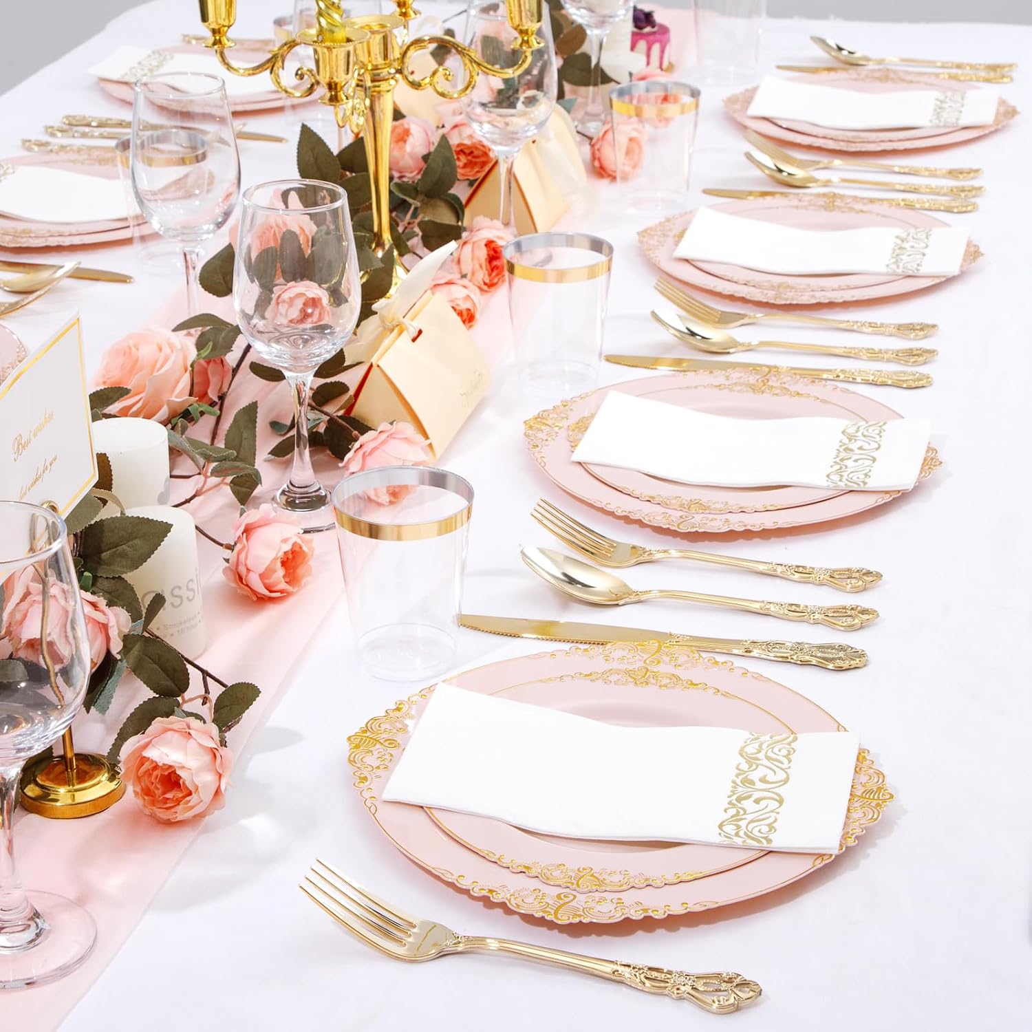 YOUBET 700PCS Pink Plastic Plates - Pink and Gold Plates - Luxury Pinks Dinnerware Set Include 200 Disposable Plates, 300 Heavy Duty Silverware, 100 Cups, 100 Napkins for Wedding Party