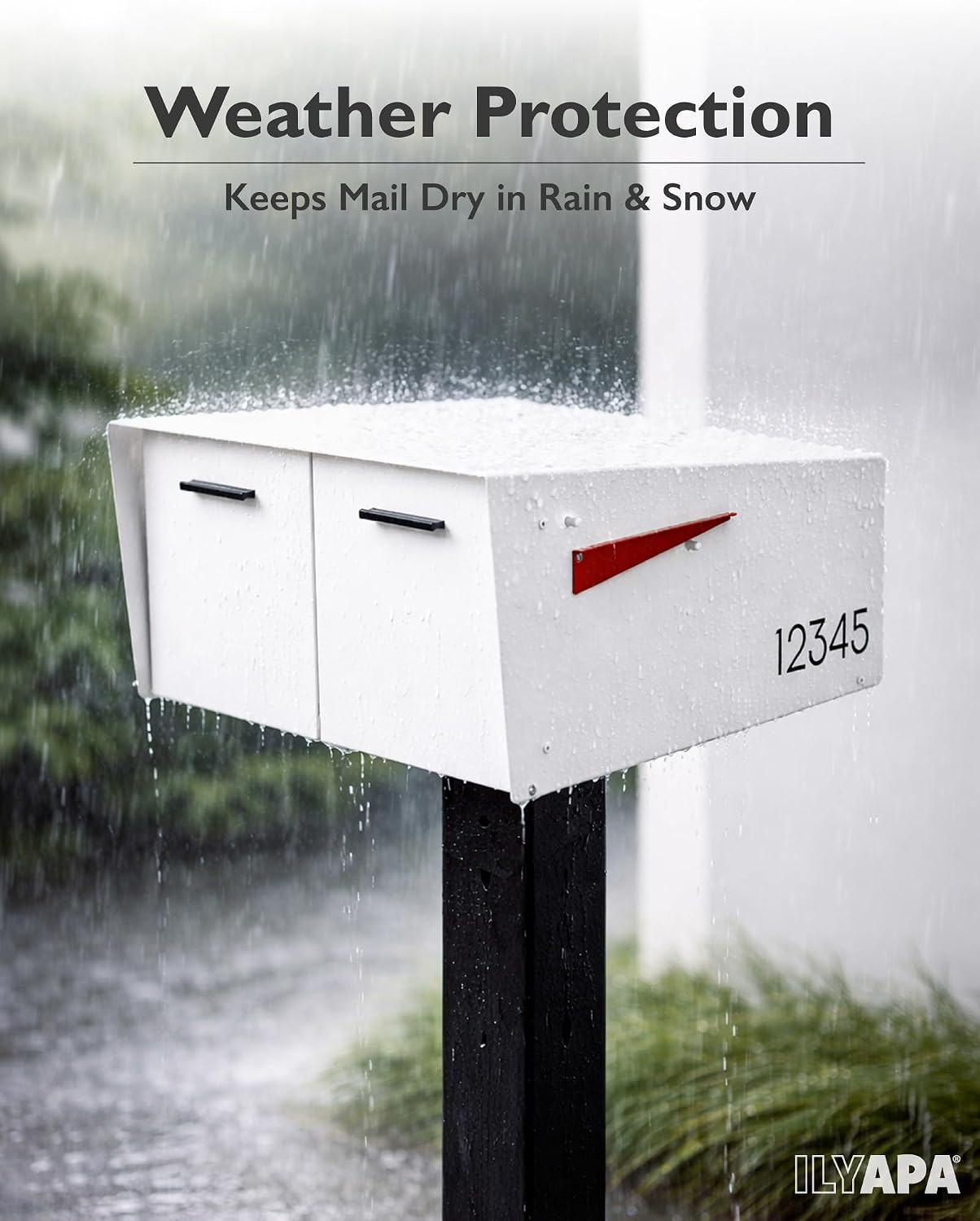Ilyapa White Double Mailbox, Post Mount Mailboxes for Outside- Two Sided Mail Box for 2 Houses with Standard Single Mounting, Door Numbering Kit, Outdoor All Weather with Magnetic Doors