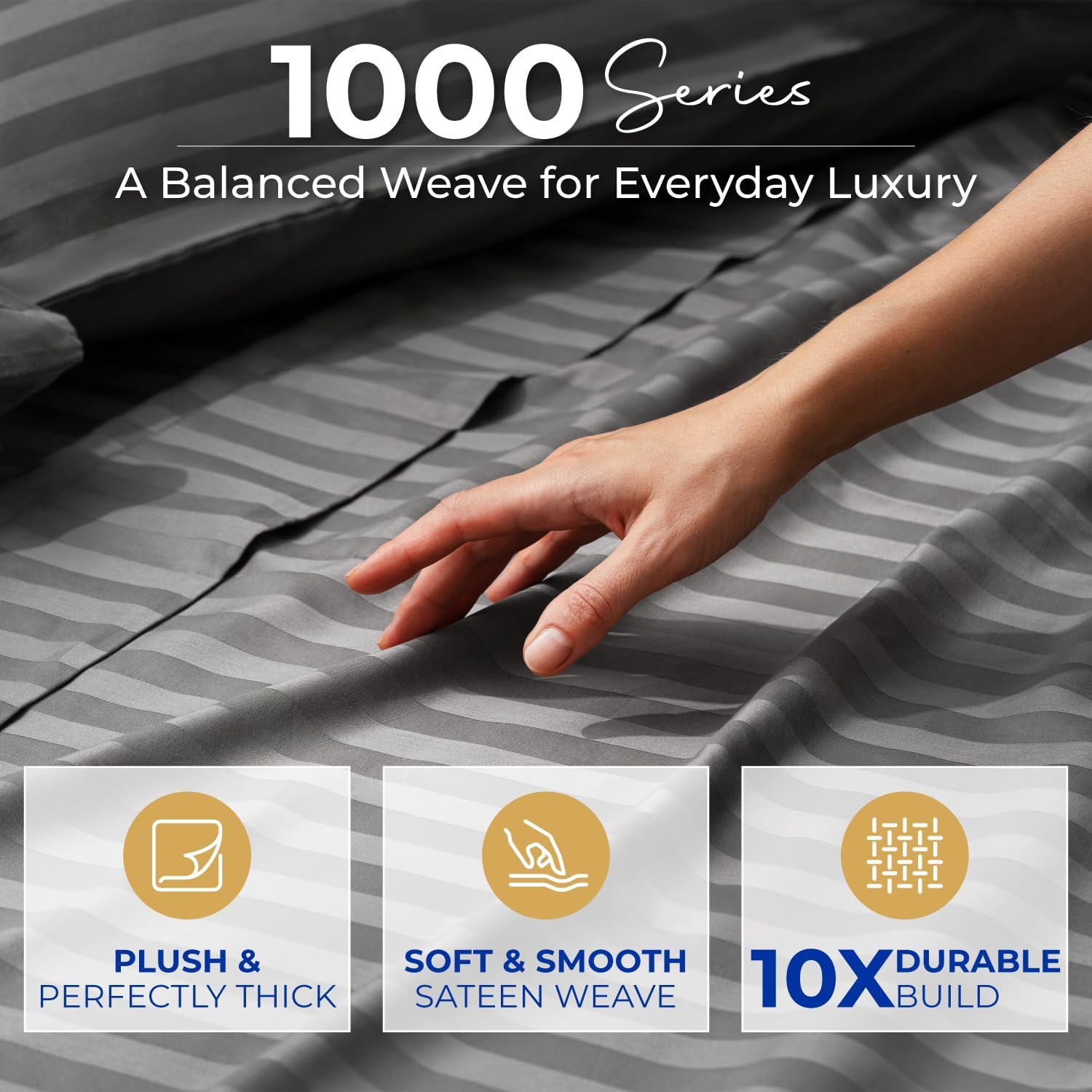 THREAD SPREAD Queen Sheet Set, Luxury 1000 Series Paradise Collection 100% Egyptian Cotton Damask Striped Bed Sheets Queen Size (4 PC, Dark Grey Stripe), Cooling 16' Deep Pocket Hotel Sheet Set