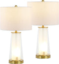 JONATHAN Y 26' Clear/Brass Gold Nightlight Table Lamp Set of 2 for Bedroom, Modern Glass Desk Lamps with White Fabric Shade, Farmhouse Living Room Decor, LED Bulbs Included JYL1137A-SET2