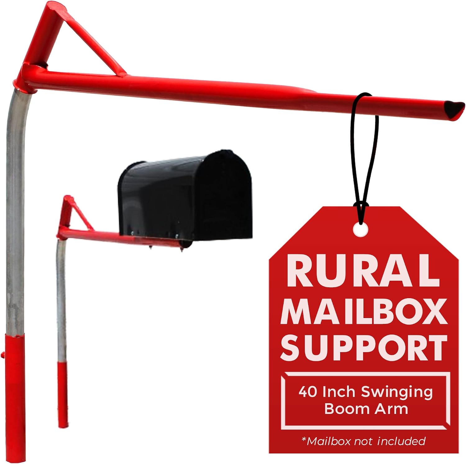 Mailbox Support Post with Swinging Boom Arm, No Dig Post, Galvanized Steel, Ideal for Both Rural and Residential, for All Mailbox Types (Accessories Sold Separatey), Made in The USA (Red)