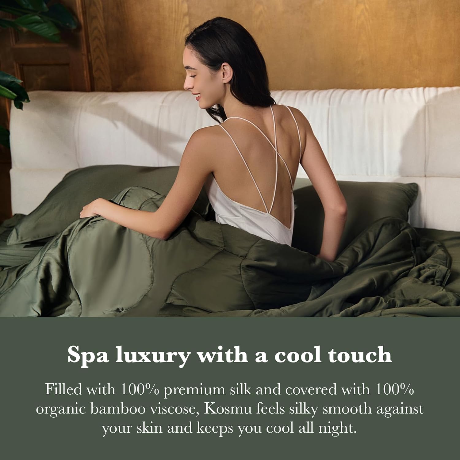 Silk Comforter King Size | 100% Mulberry Silk Fill with Organic Bamboo Viscose Shell | Summer Cooling Blanket for Hot Sleepers, Lightweight Breathable All-Season Bedding (Olive, 104'x90')