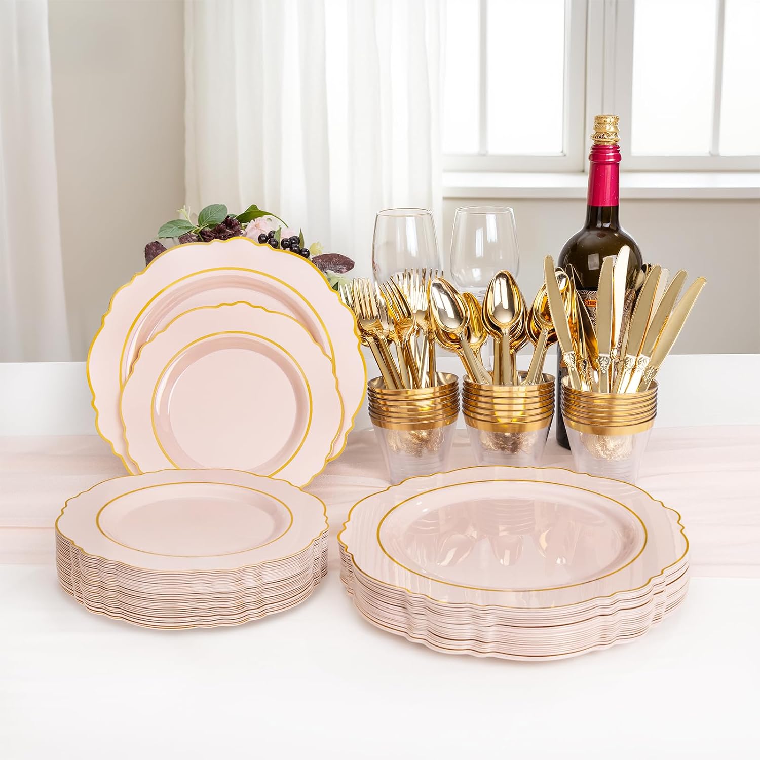 Liacere 700PCS Pink Plastic Plates-Dinnerware Sets for 100 Guests-200 Disposable Plates(10inch,7inch),300 Pink Plastic Silverware,100 Cups,100 Napkins for Wedding&Galentines Day&Easter Day