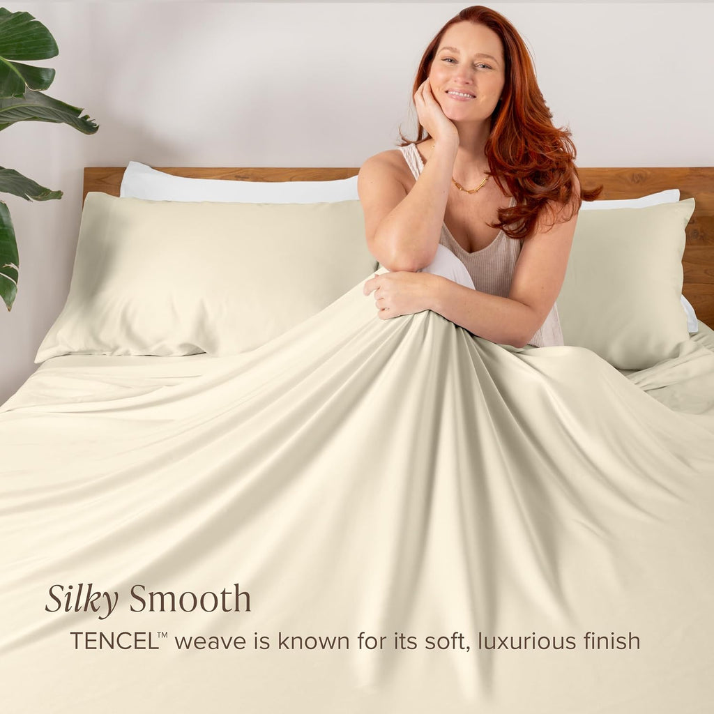 Bare Home Lyocell Tencel Sheet Set - Queen Size - 4 Piece Set - Derived from Eucalyptus - All-Season - Ultra Soft - Deep Pocket (Queen, Natural)