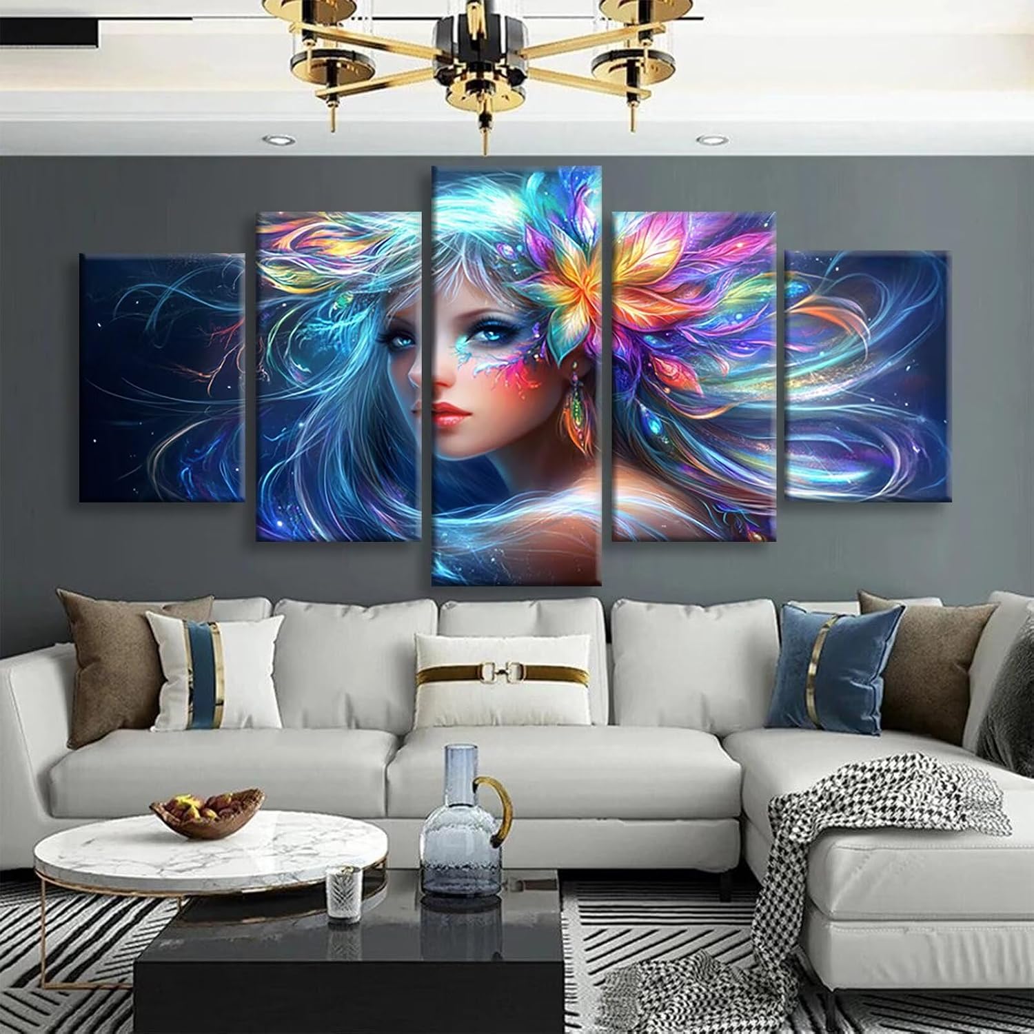Dream Diamond Art 5 Piece Diamond Painting Woman 5D DIY Full Round Drill Dimond Art Paintings Rhinestones Crafts for Adults Gem Painting for Home Decor, Large Artwork for Wall 48 x 100 Inch, Model165