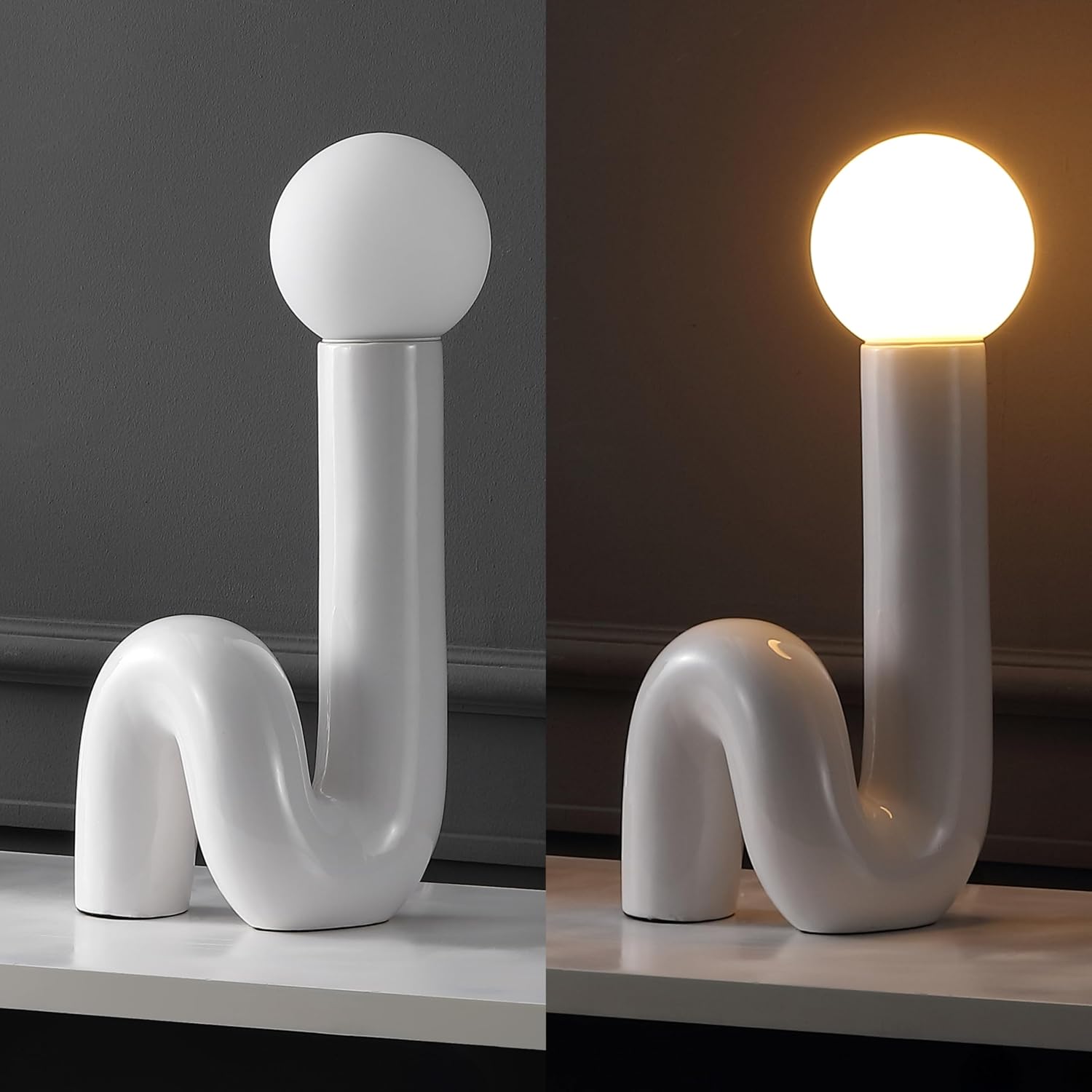 JONATHAN Y 18' White Modern Ceramic Spiral Table Lamp for Bedroom Living Room, Katya Minimalist Bedside Lamp, Frosted Glass Shade, LED Bulb Included JYL5500A