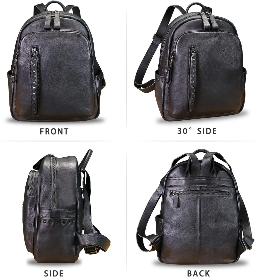 Genuine Leather Backpack Purse for Women Vintage Casual Daypack College Bag Handmade Cowhide Western Rivets Rucksack (Darkgrey)