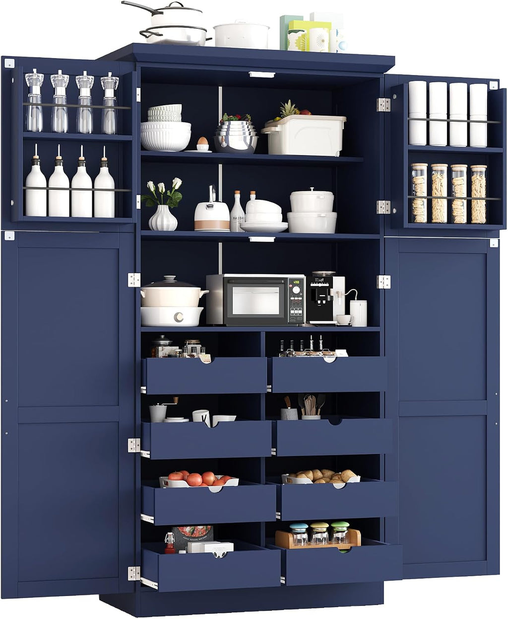 Merax 71' Tall Kitchen Pantry Cabinet with 4 Doors & 8 Pull-Out Trays,Pantry Storage Cabinet with 4 Door Shelf & Adjustable Shelf, Freestanding Cupboard for Kitchen, Dining Room, Blue