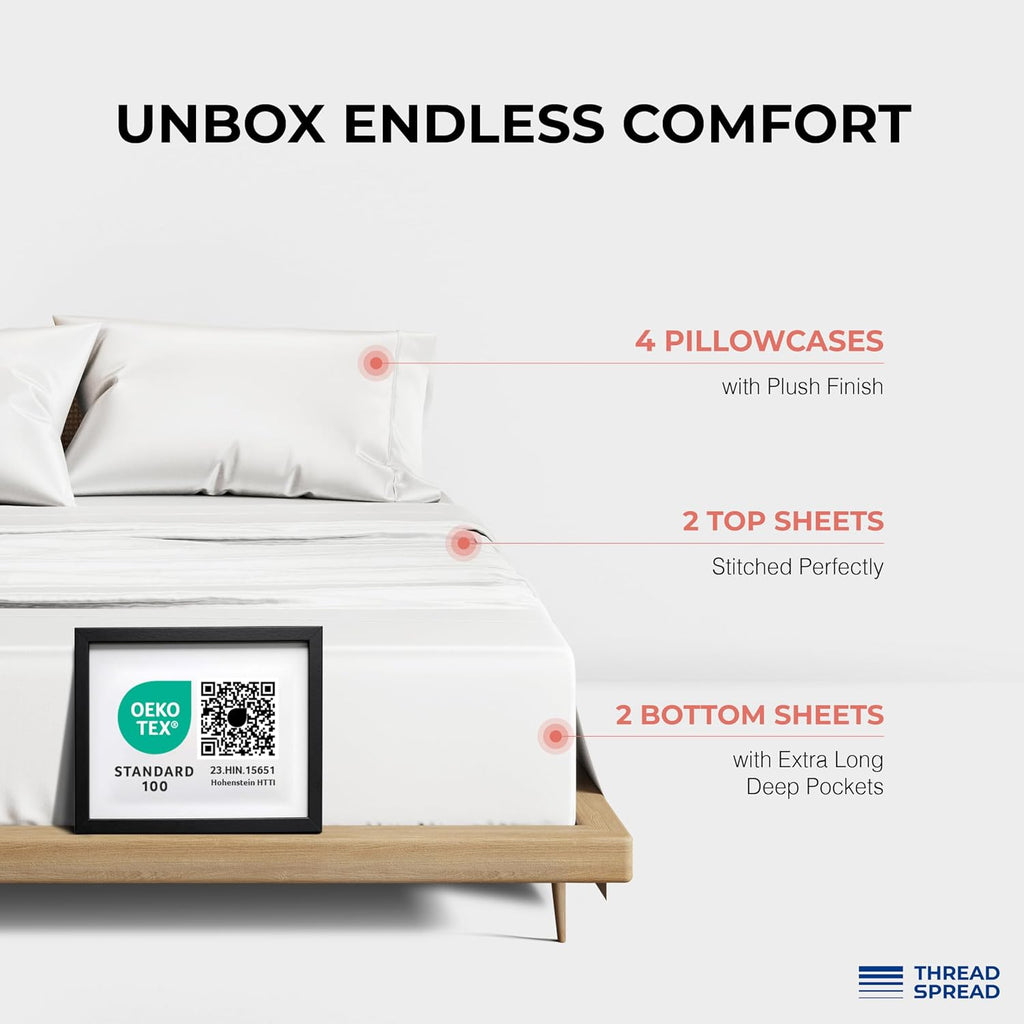THREAD SPREAD 100% Egyptian Cotton Queen Size Sheet Set Pack of 2 - Luxury 1200 Series Plush Collection Egyptian Cotton Sheets Queen Size Silky Soft Cooling, Sateen 17' Deep Pocket Bedsheets - White