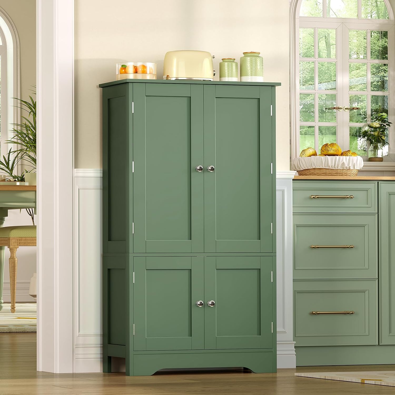 TEENFON 43' H Storage Cabinet with 4 Doors, Kitchen Cabinet with 6 Door Shelves, Kitchen Pantry Cabinets for Living Room, Dining Room, Bathroom, Forest Green