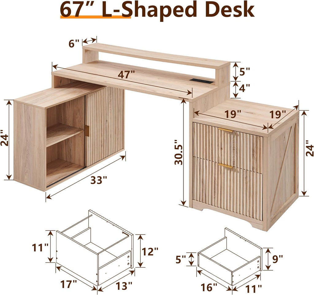 JXQTLINGMU 67' Modern L Shaped Desk with Storage Cabinet & Drawers, Wood Home Office Desk with Power Outlets, Fluted Computer Writing Desk, Oak