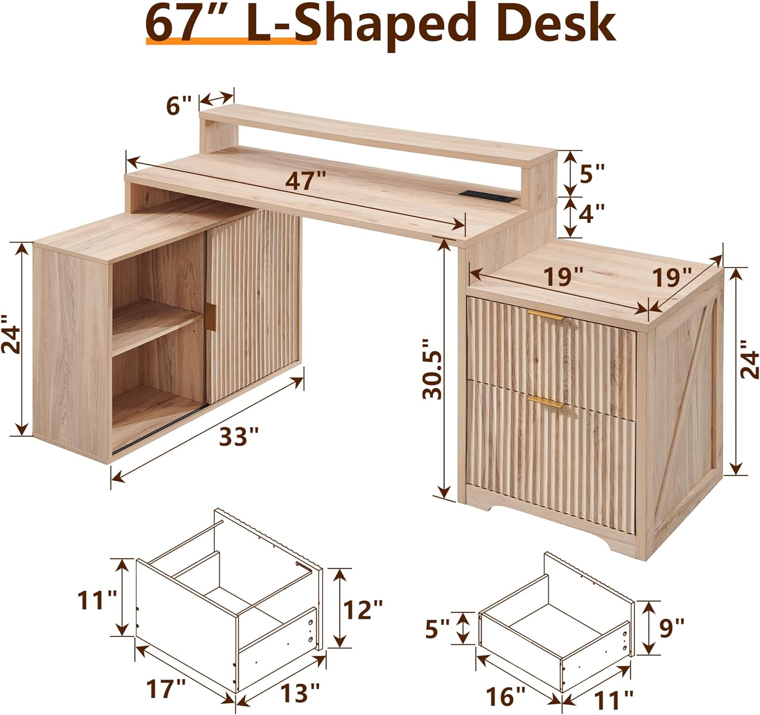 JXQTLINGMU 67' Modern L Shaped Desk with Storage Cabinet & Drawers, Wood Home Office Desk with Power Outlets, Fluted Computer Writing Desk, Oak
